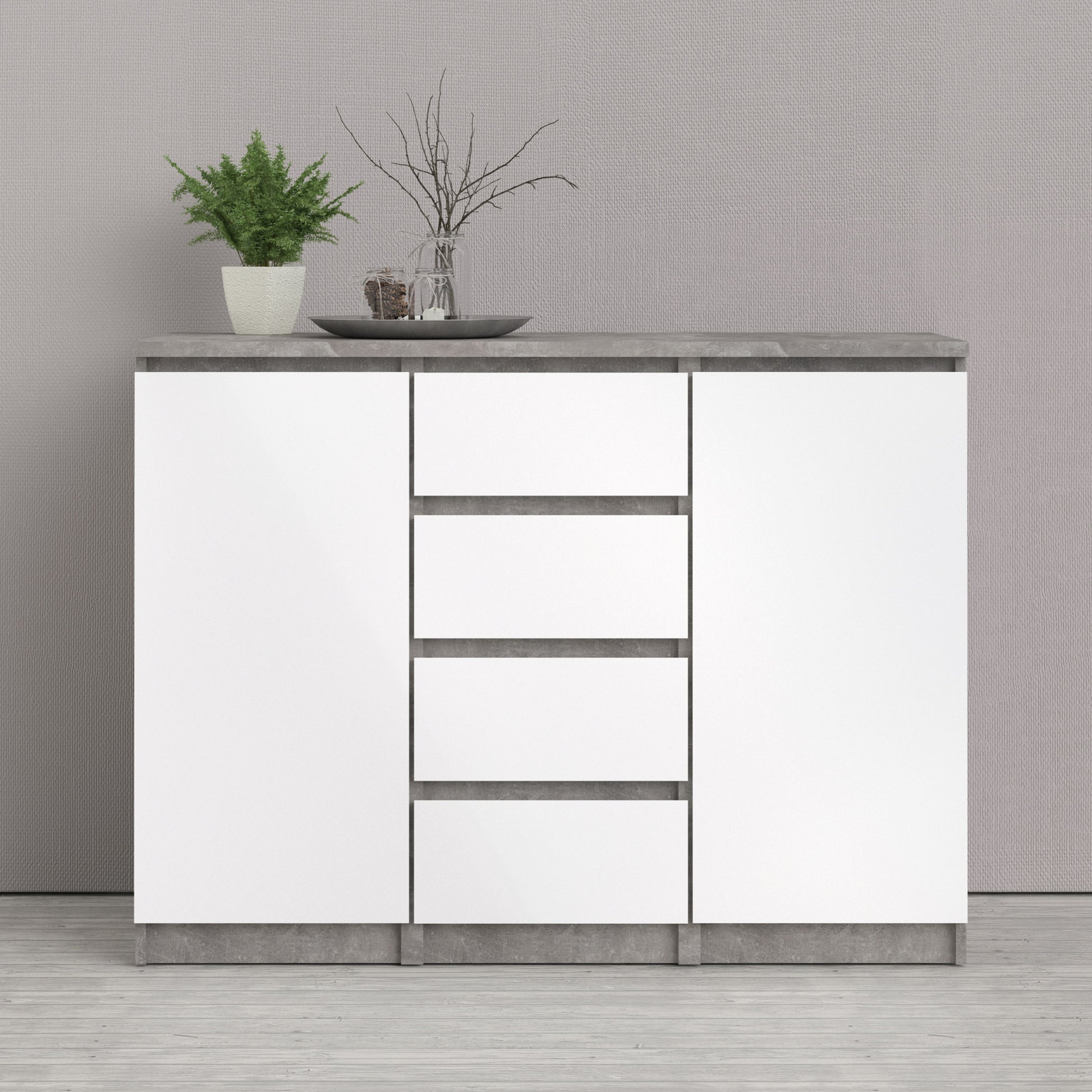 Naia  Sideboard 4 Drawers 2 Doors in Concrete and White High Gloss