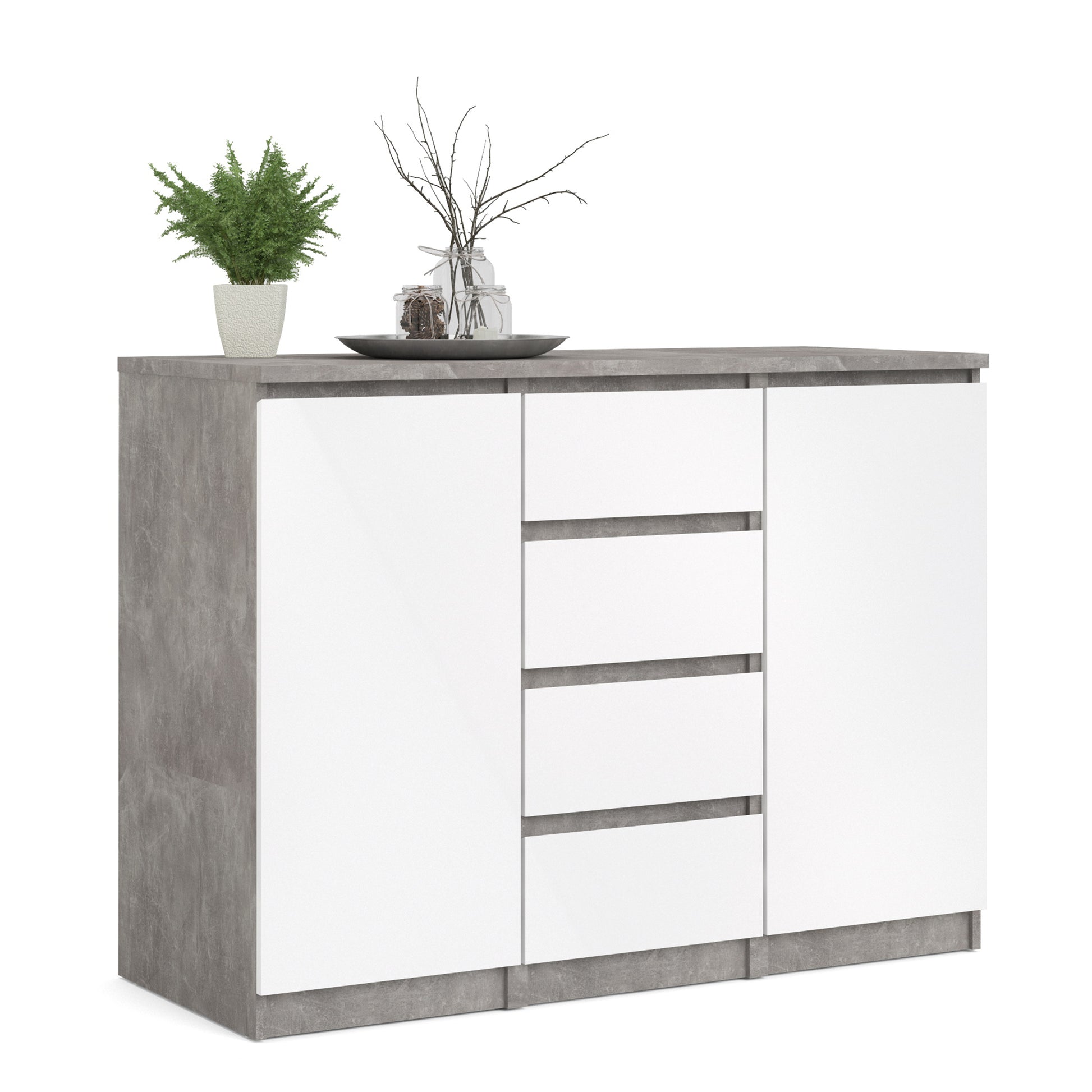 Naia  Sideboard 4 Drawers 2 Doors in Concrete and White High Gloss