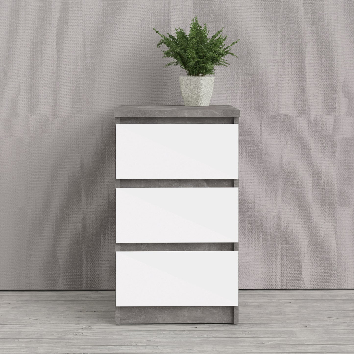 Naia  Bedside 3 Drawers in Concrete and White High Gloss