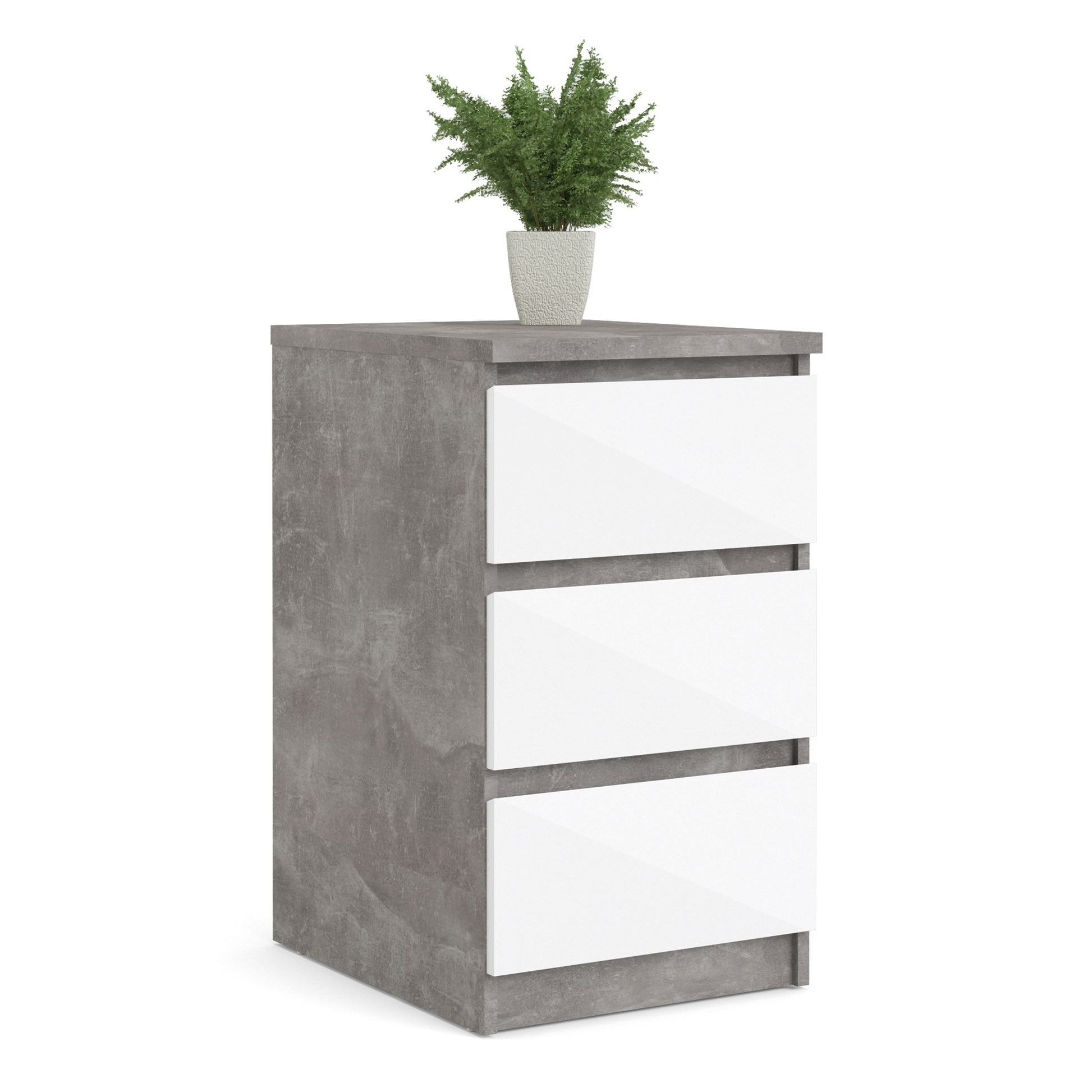 Naia  Bedside 3 Drawers in Concrete and White High Gloss