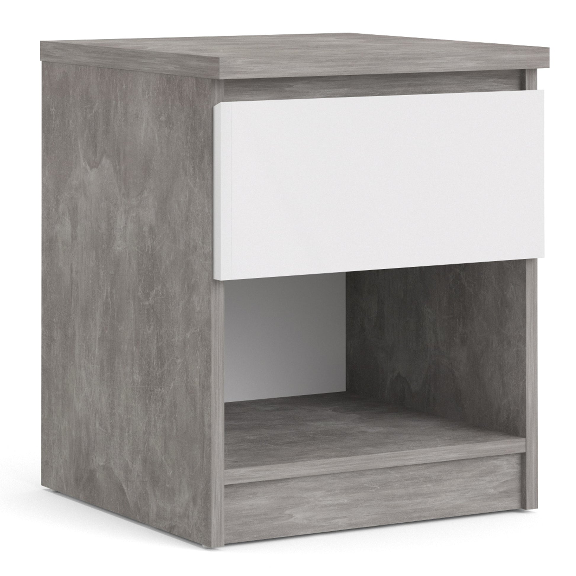 Naia  Bedside 1 Drawer 1 Shelf in Concrete and White High Gloss