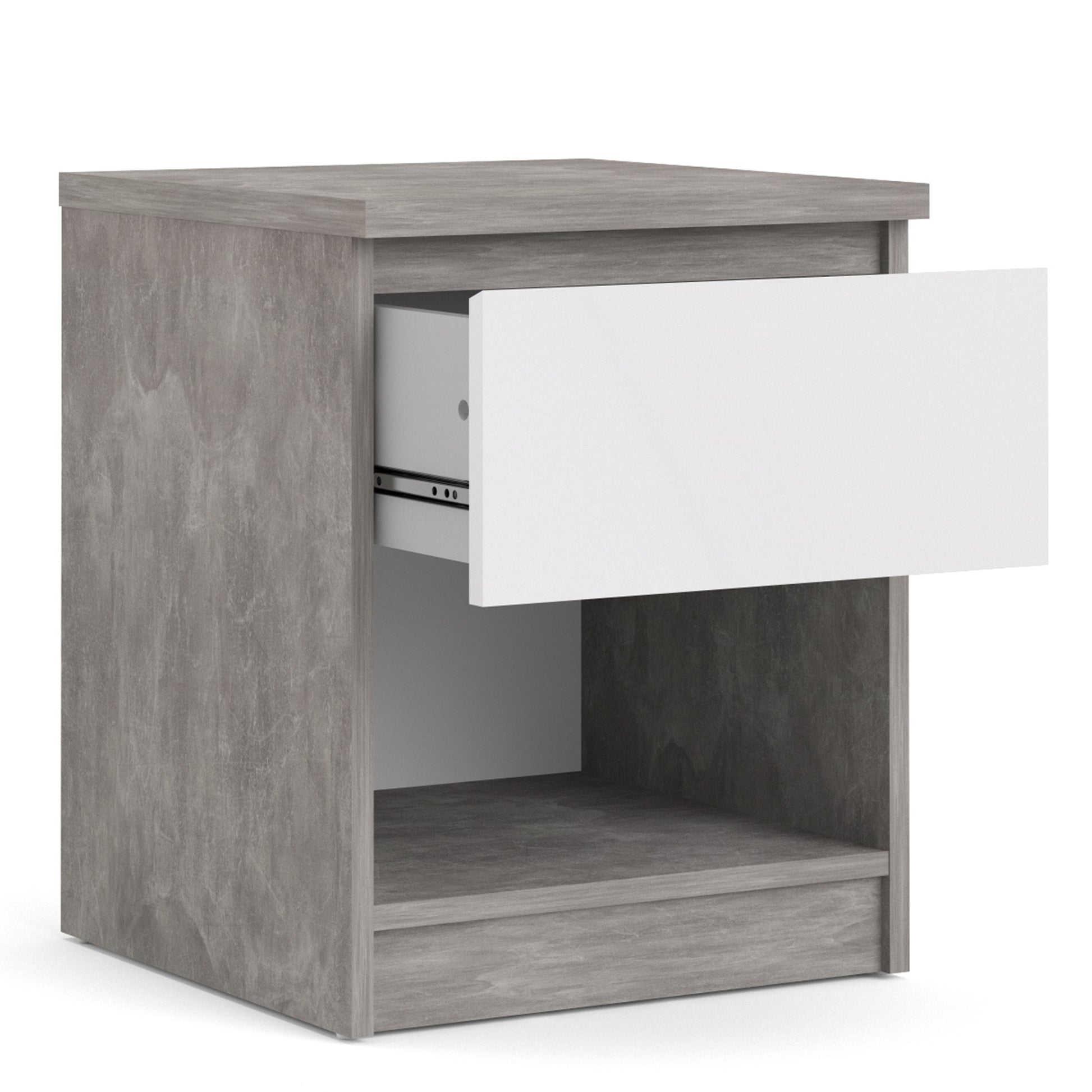 Naia  Bedside 1 Drawer 1 Shelf in Concrete and White High Gloss