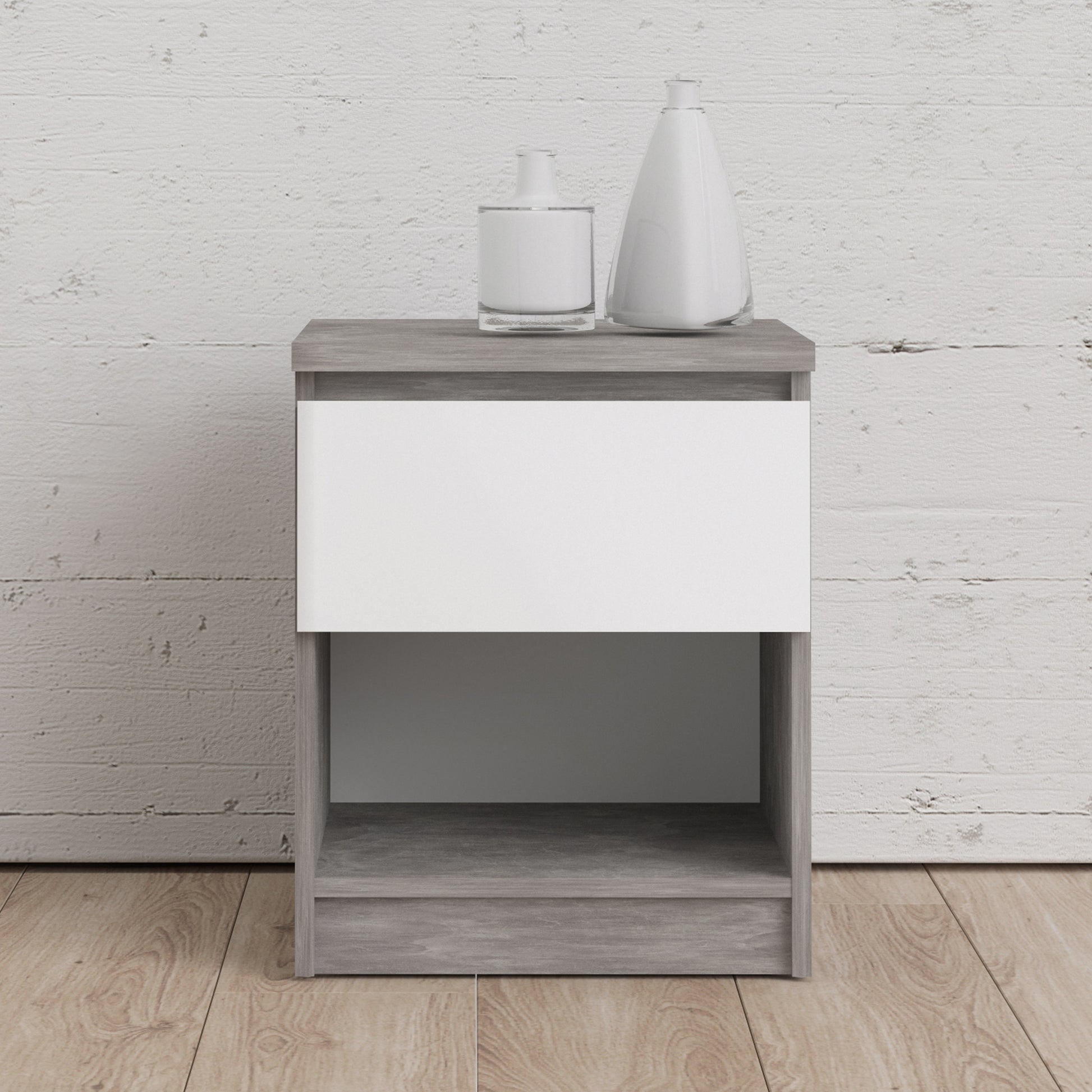 Naia  Bedside 1 Drawer 1 Shelf in Concrete and White High Gloss
