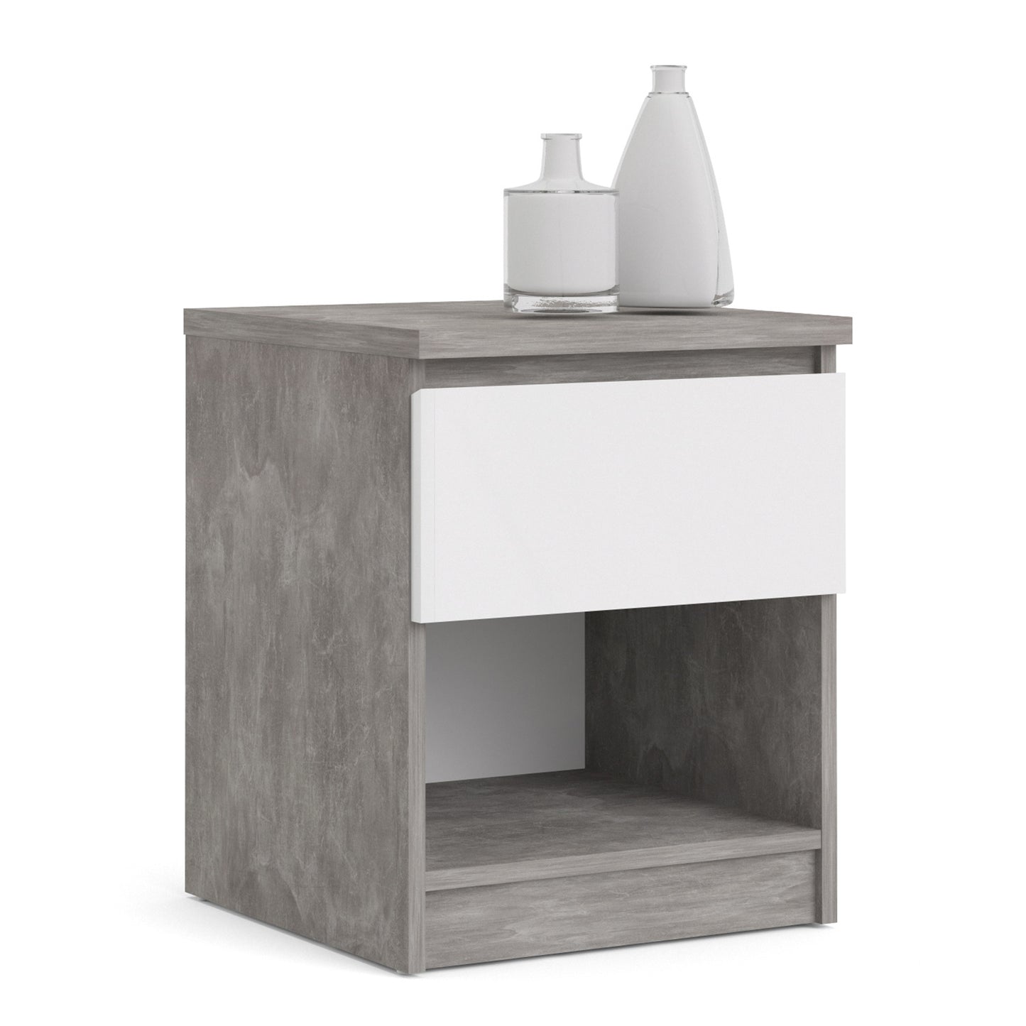 Naia  Bedside 1 Drawer 1 Shelf in Concrete and White High Gloss