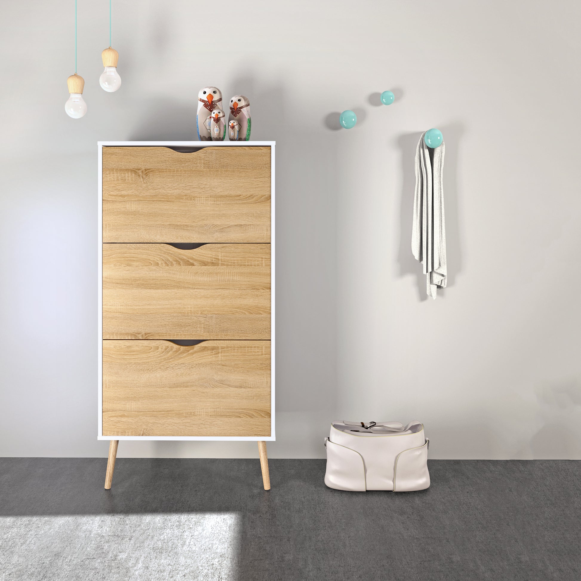 Oslo  Shoe Cabinet 3 Drawers in White and Oak