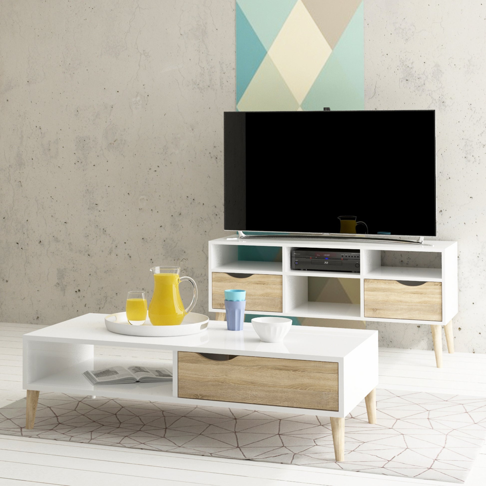 Oslo  Coffee Table 1 Drawer 1 Shelf in White and Oak