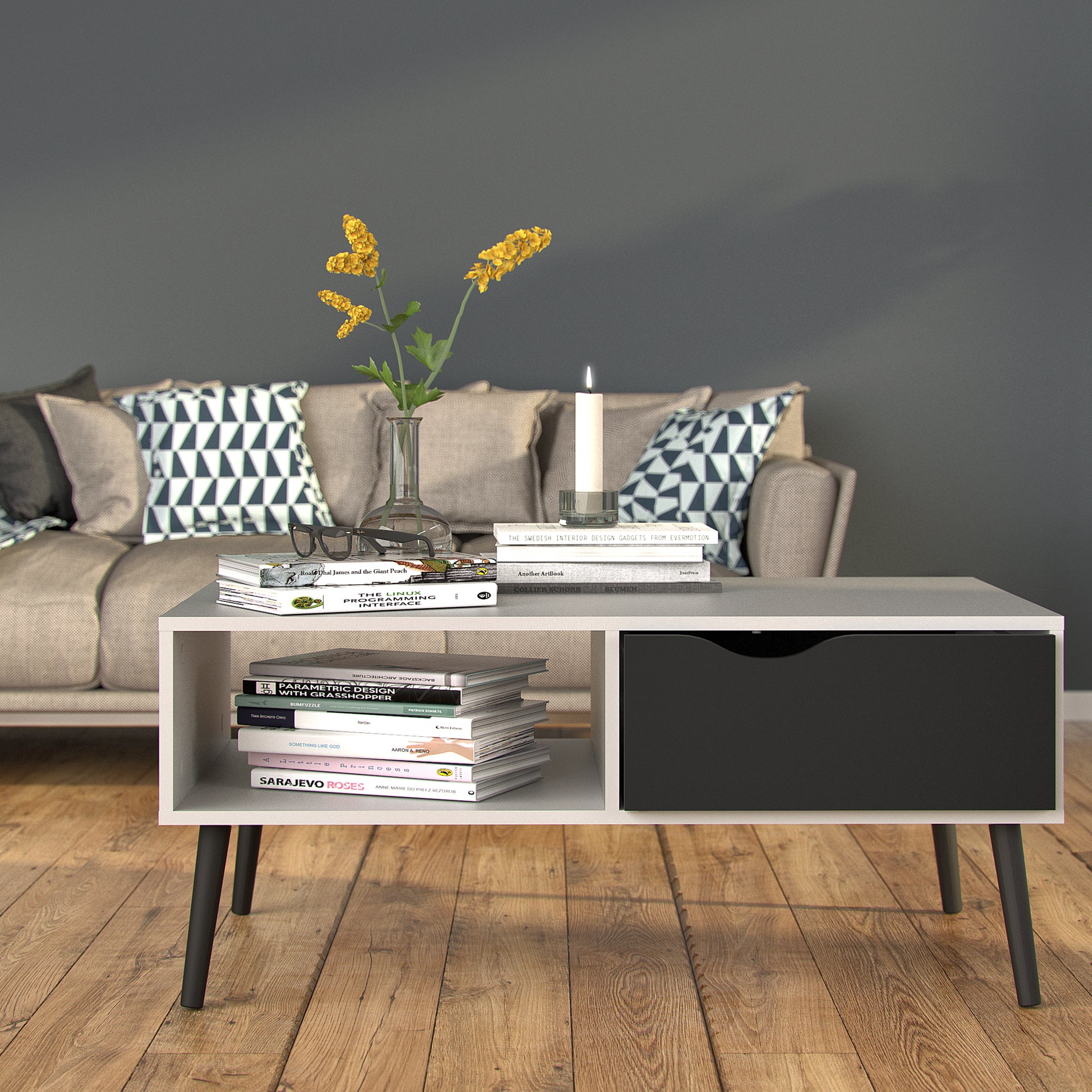 Oslo  Coffee Table 1 Drawer 1 Shelf in White and Black Matt