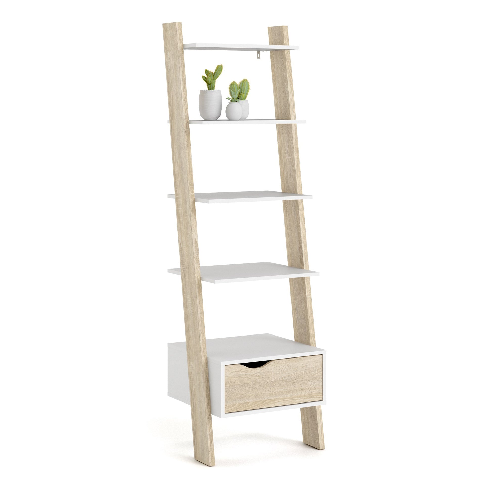 Oslo  Leaning Bookcase 1 Drawer in White and Oak