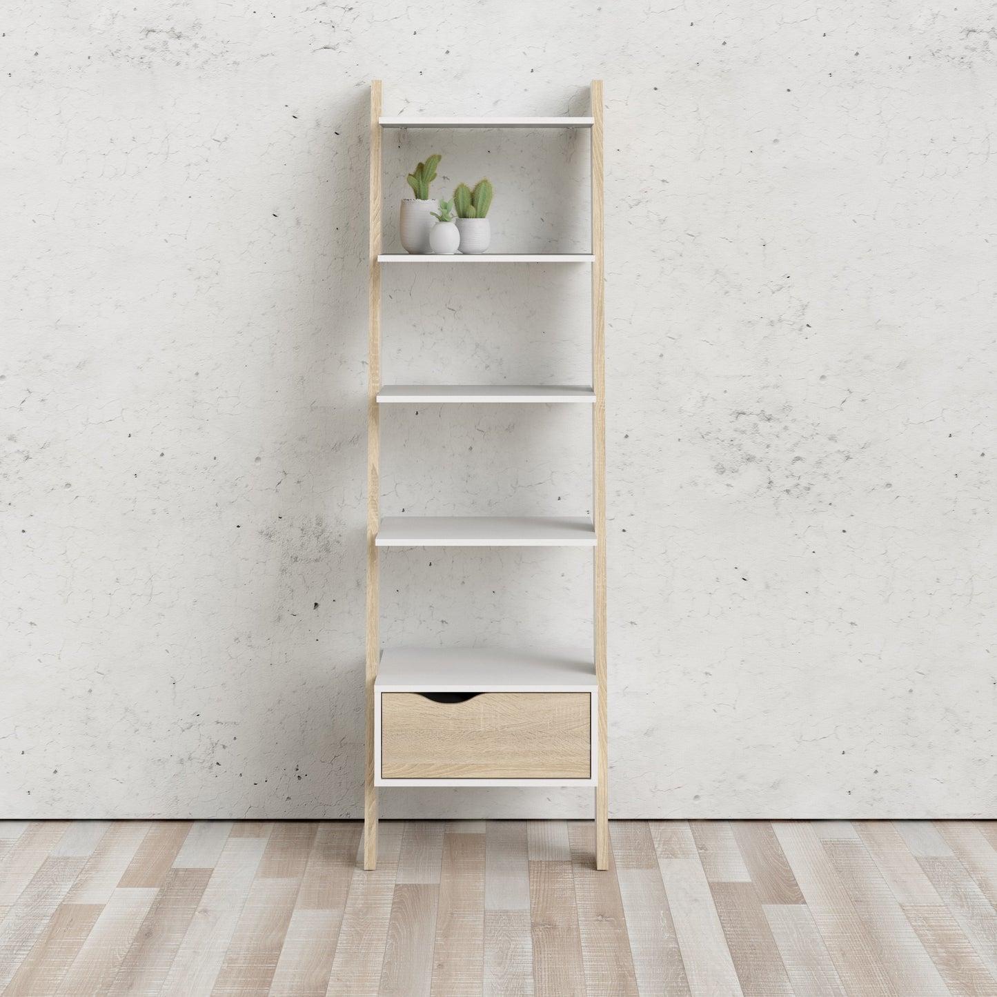 Oslo  Leaning Bookcase 1 Drawer in White and Oak
