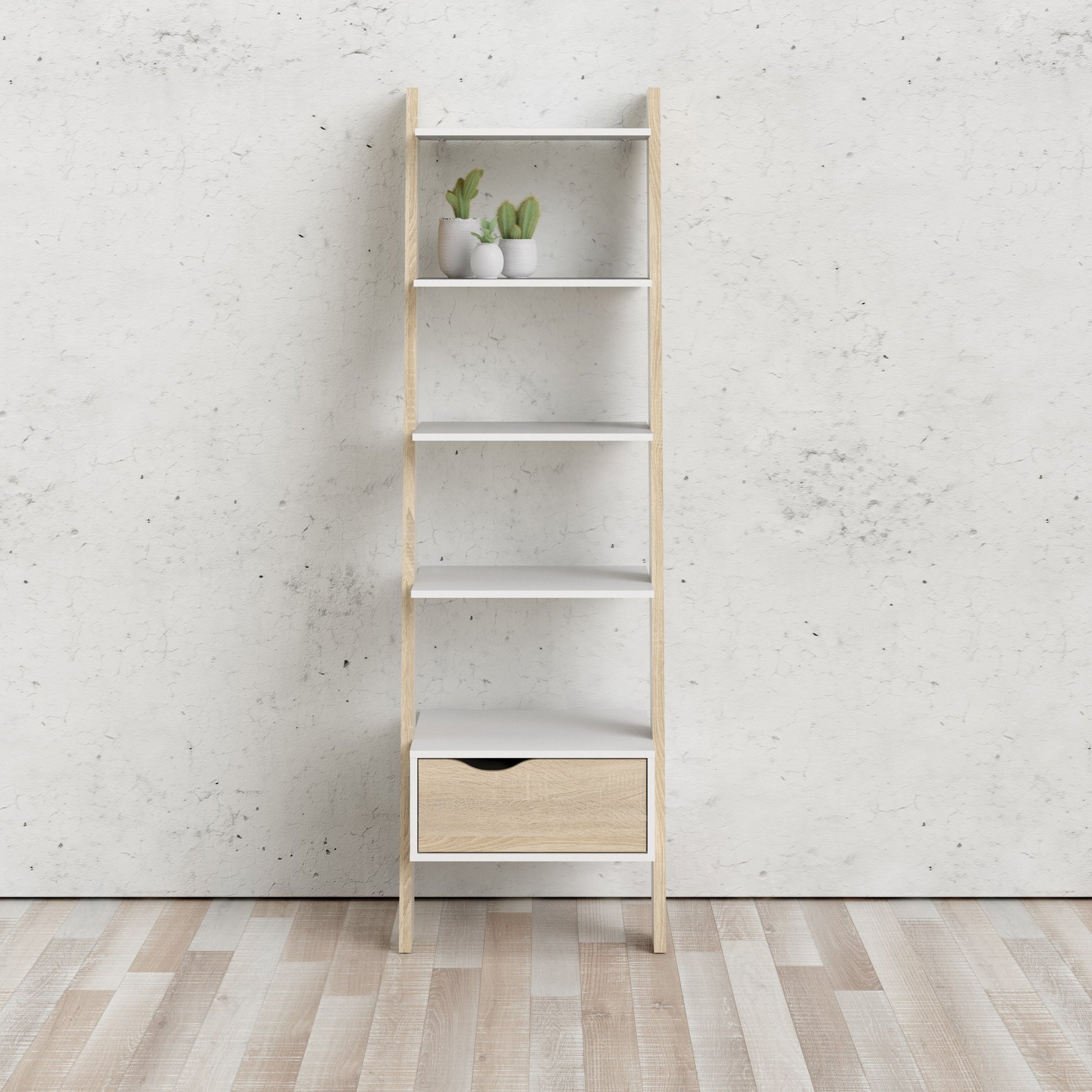 Oslo  Leaning Bookcase 1 Drawer in White and Oak