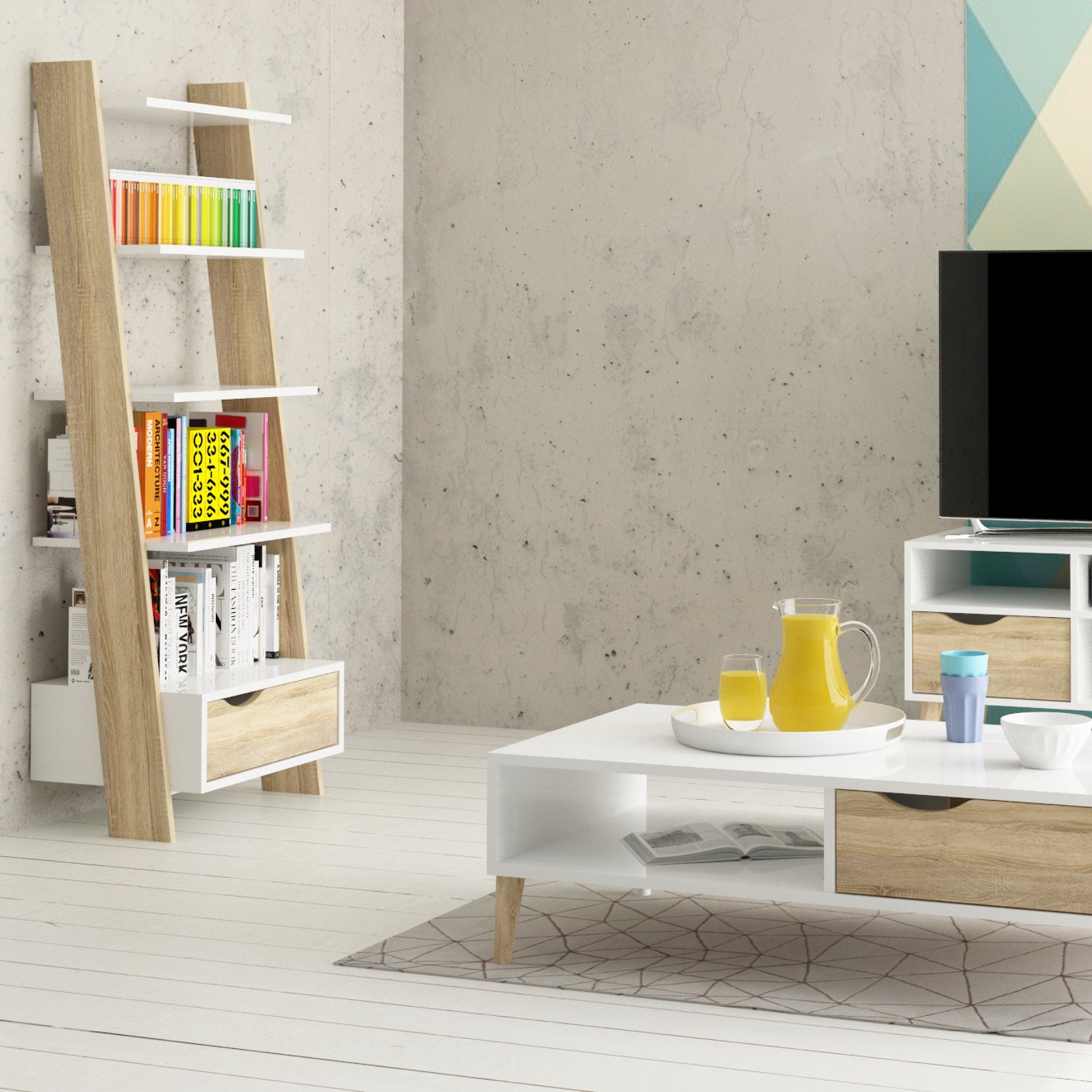 Oslo  Leaning Bookcase 1 Drawer in White and Oak