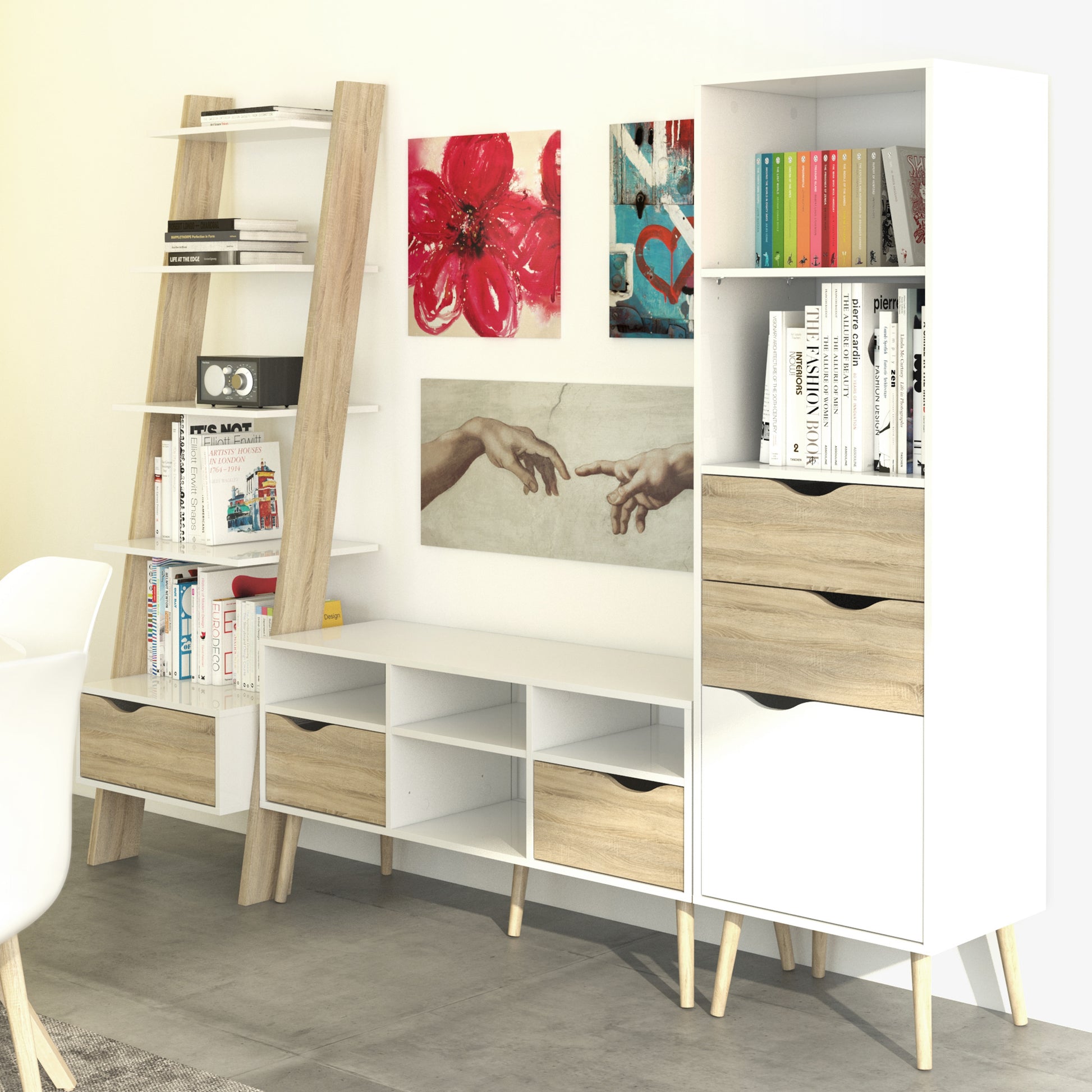 Oslo  Leaning Bookcase 1 Drawer in White and Oak