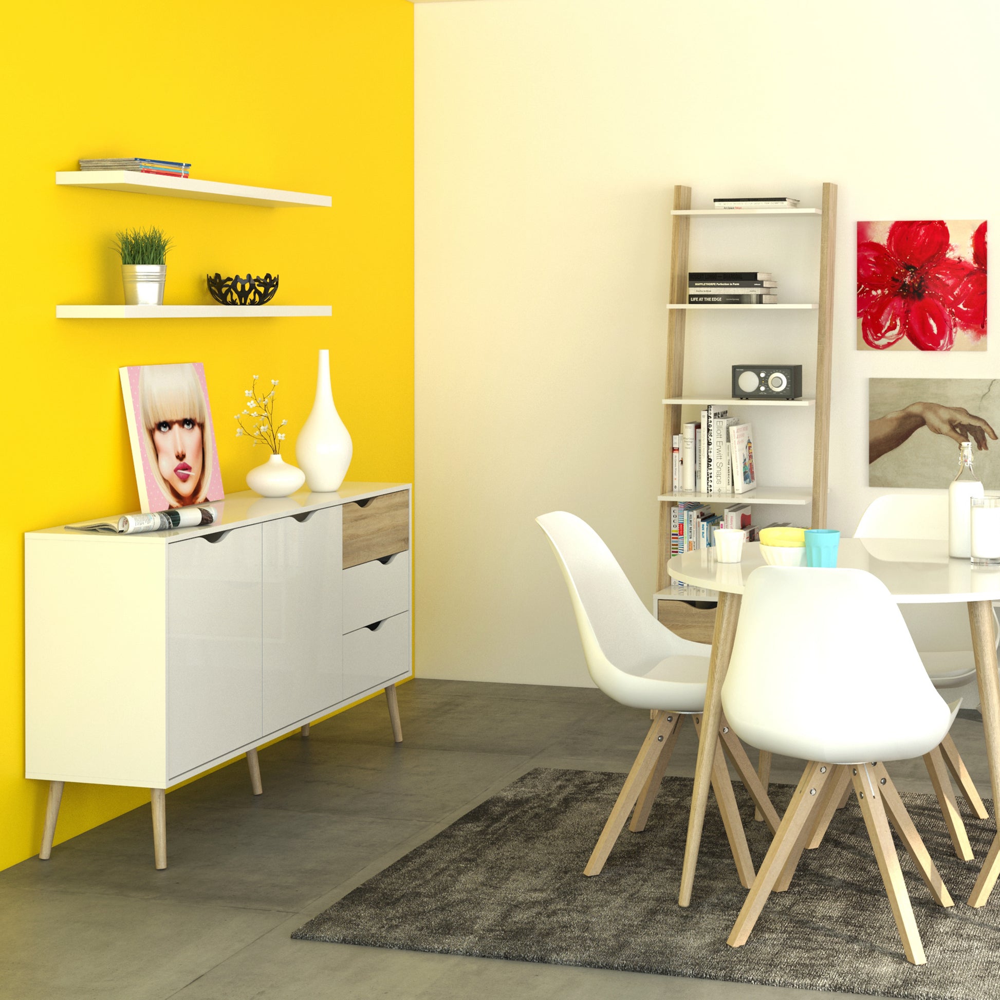 Oslo  Leaning Bookcase 1 Drawer in White and Oak