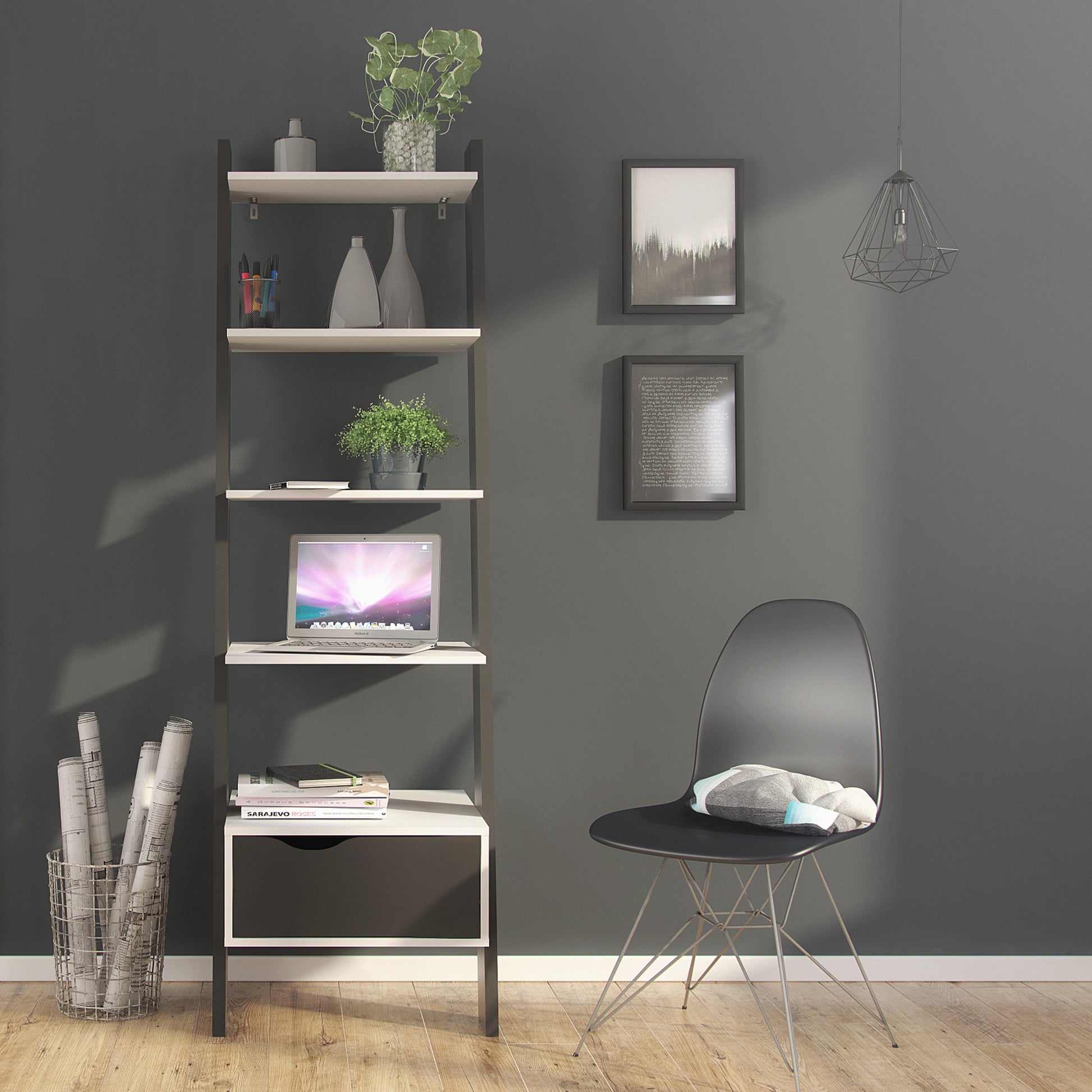 Oslo  Leaning Bookcase 1 Drawer in White and Black Matt