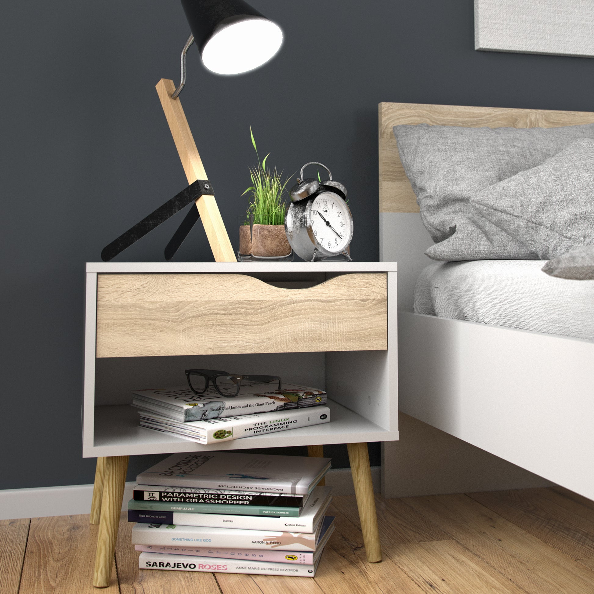 Oslo  Bedside 1 Drawer in White and Oak