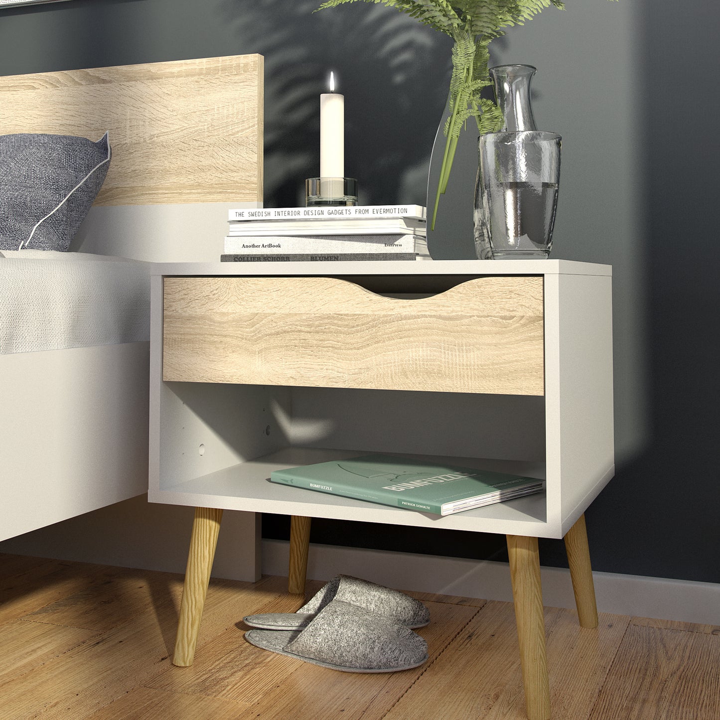 Oslo  Bedside 1 Drawer in White and Oak