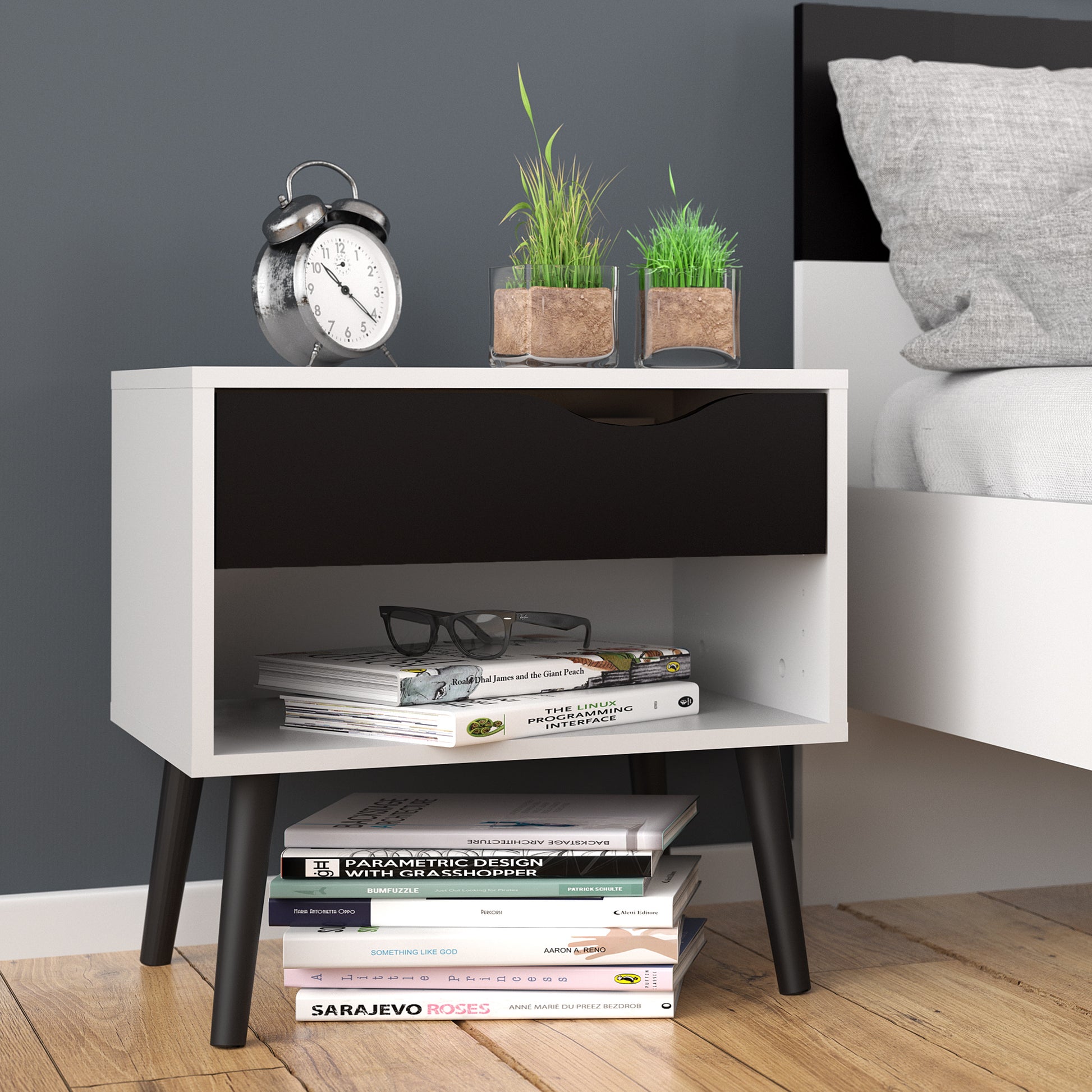 Oslo  Bedside 1 Drawer in White and Black Matt