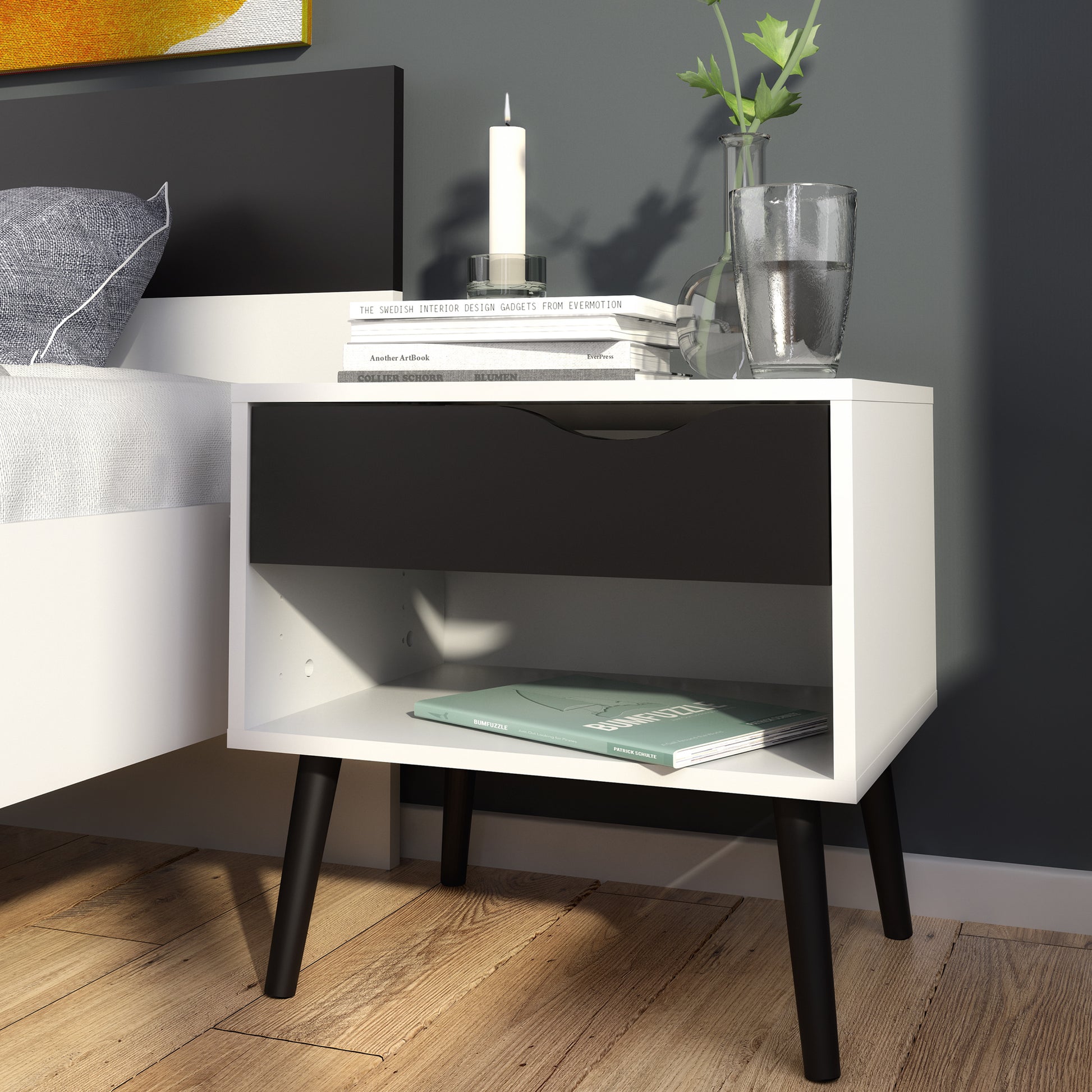 Oslo  Bedside 1 Drawer in White and Black Matt