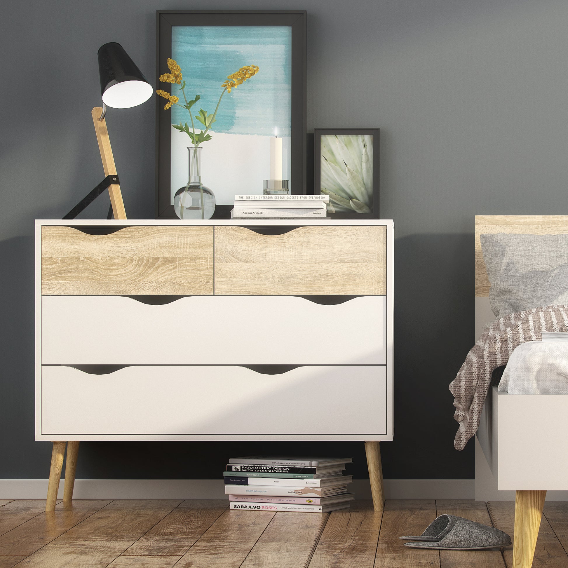 Oslo  Chest of 4 Drawers (2+2) in White and Oak