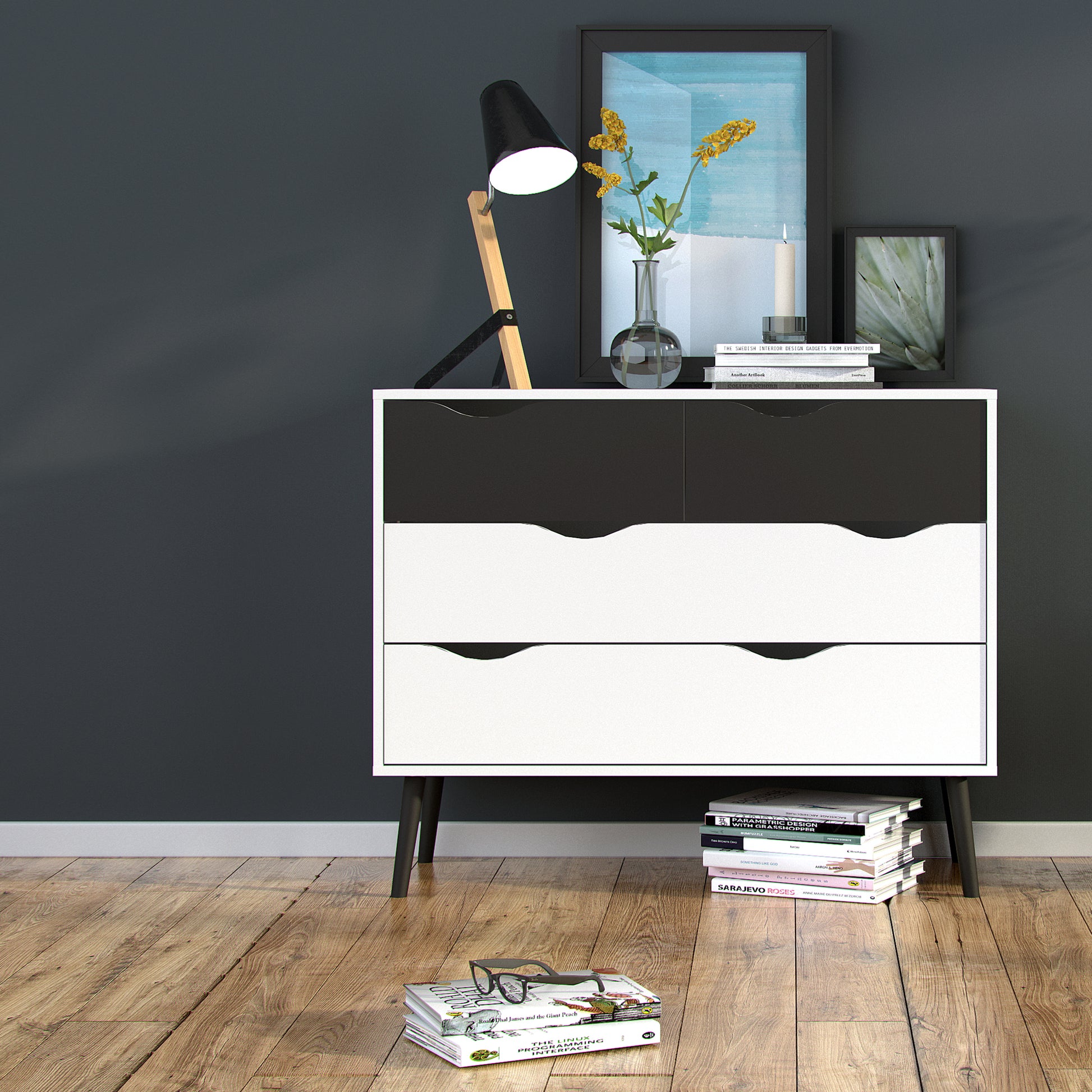 Oslo  Chest of 4 Drawers (2+2) in White and Black Matt