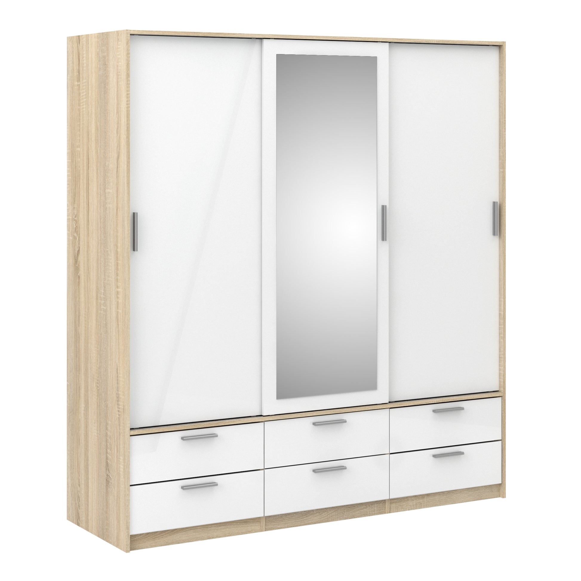 Line Wardrobe - 3 Doors 6 Drawers in Oak with White High Gloss