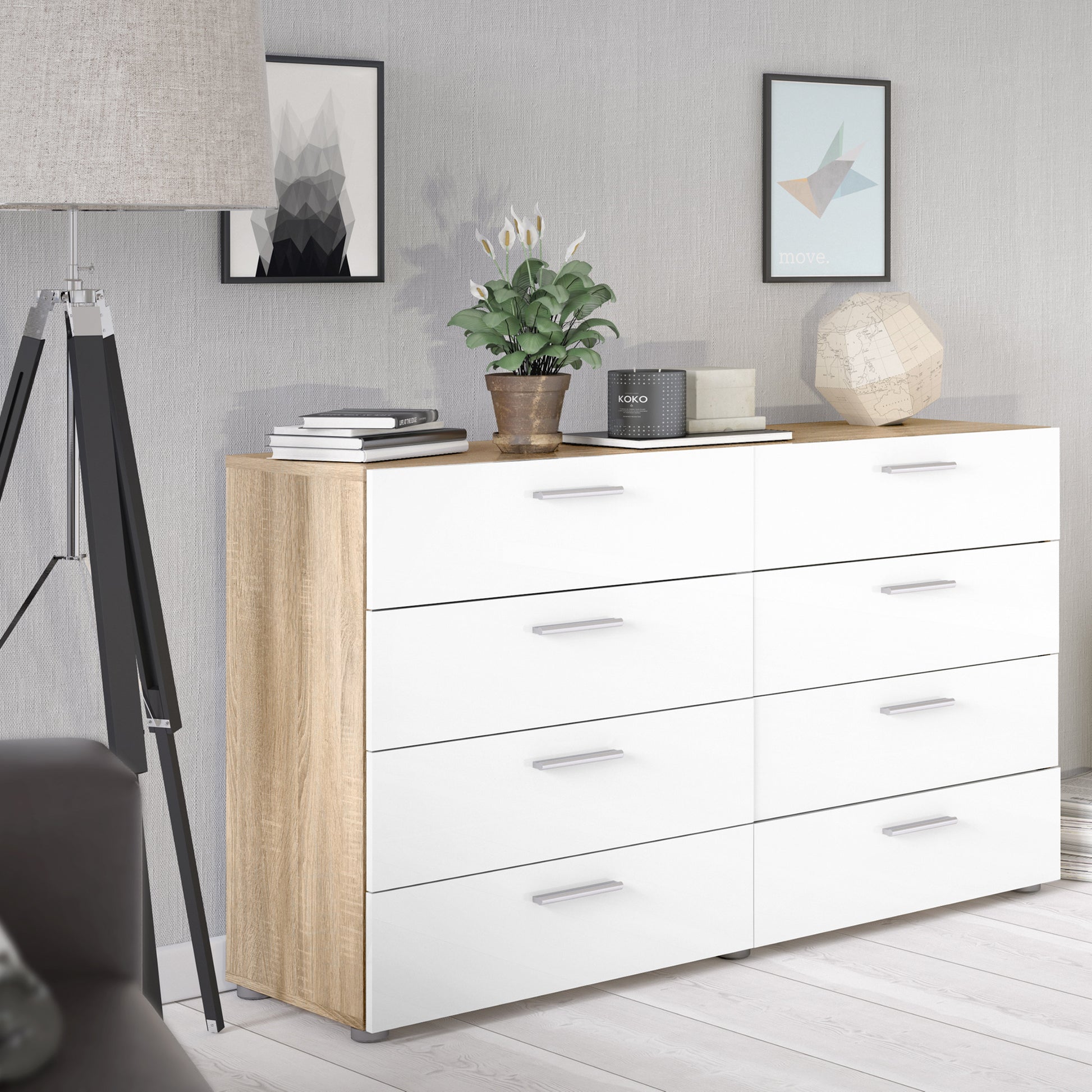 Pepe  Wide Chest of 8 Drawers (4+4) in Oak with White High Gloss