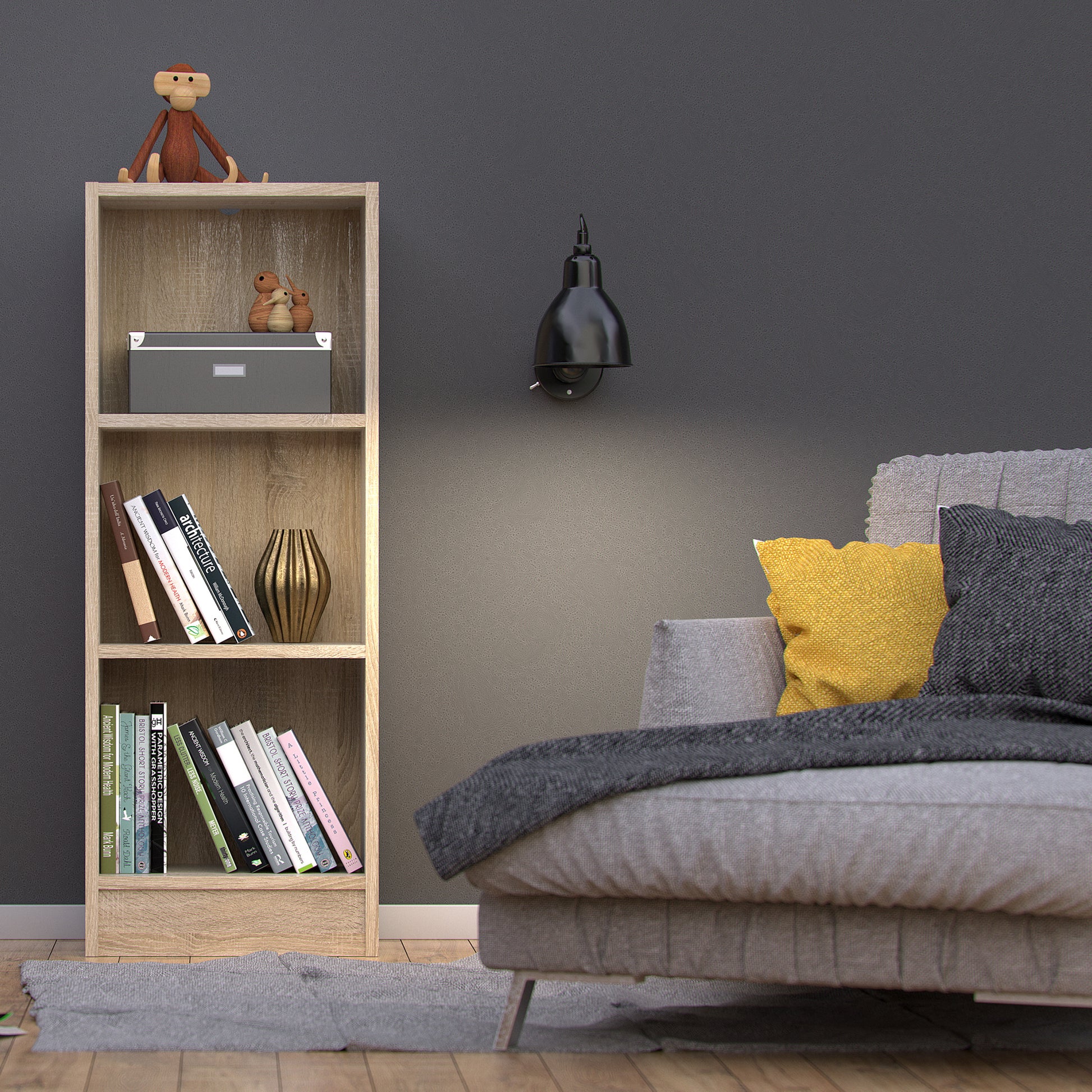 Basic  Low Narrow Bookcase (2 Shelves) in Oak