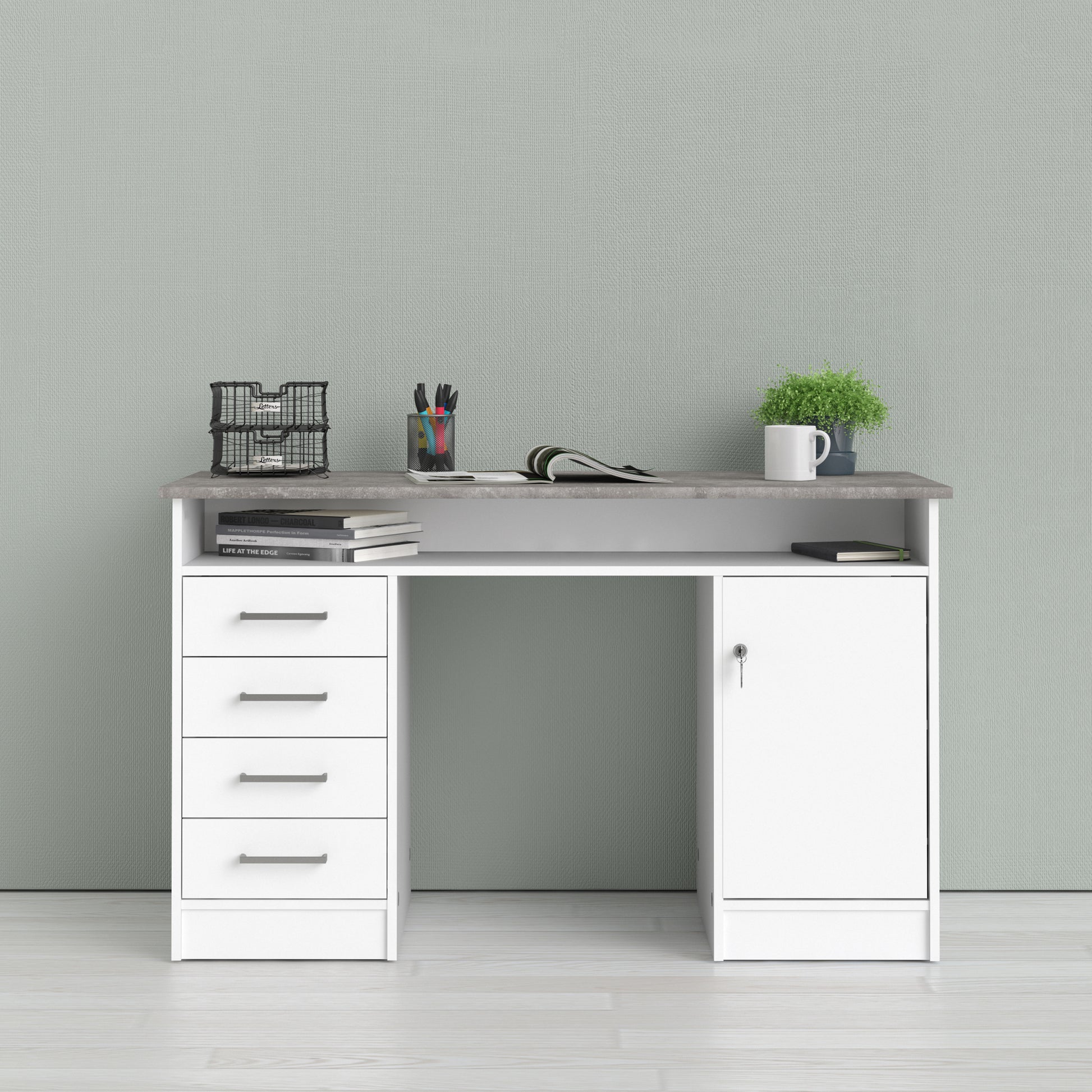 Function Plus  Desk 4 Drawer 1 Door in White and Grey