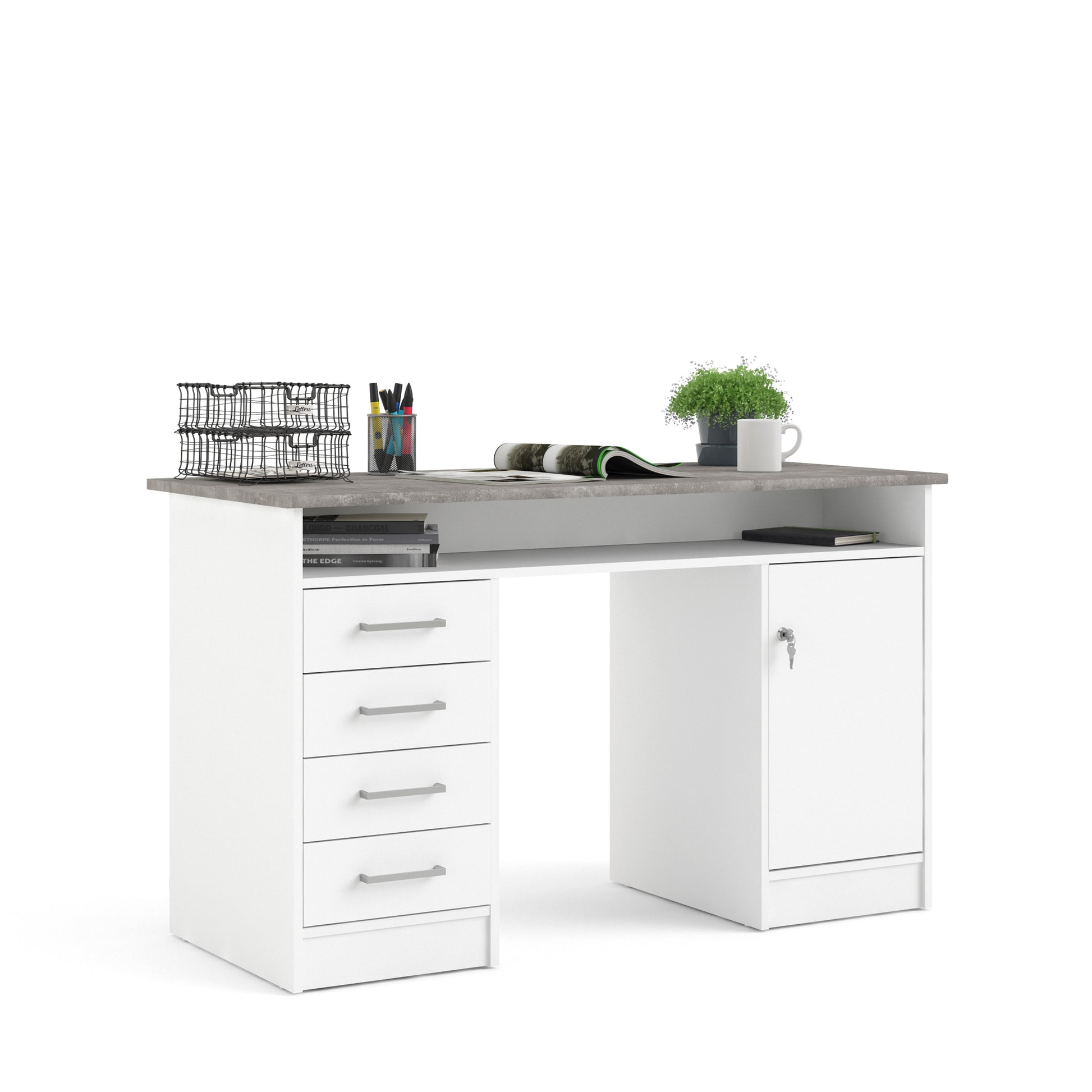 Function Plus  Desk 4 Drawer 1 Door in White and Grey