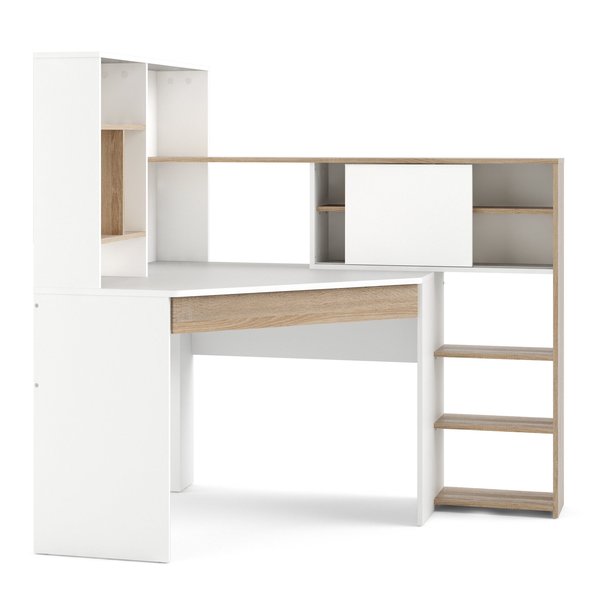 Function Plus  Corner Desk with multi-functional unit In White and Oak