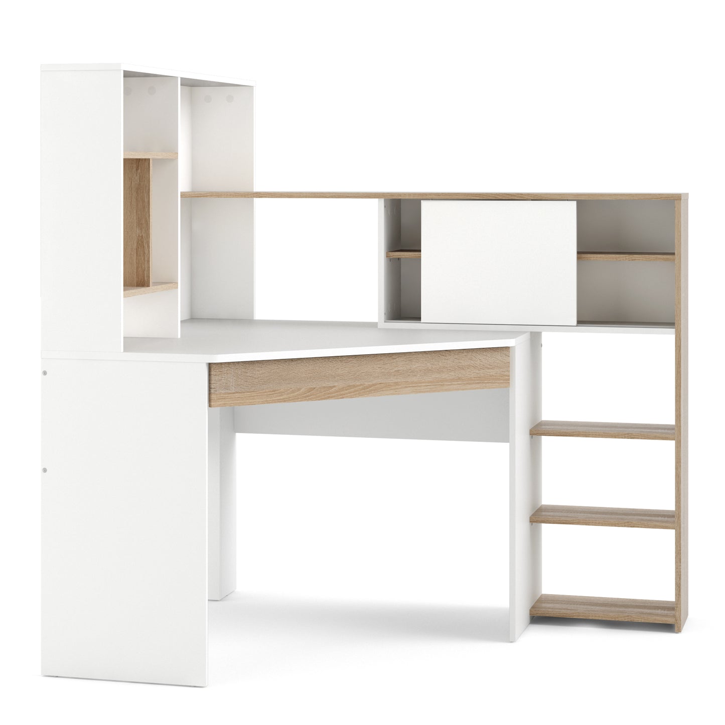 Function Plus  Corner Desk with multi-functional unit In White and Oak