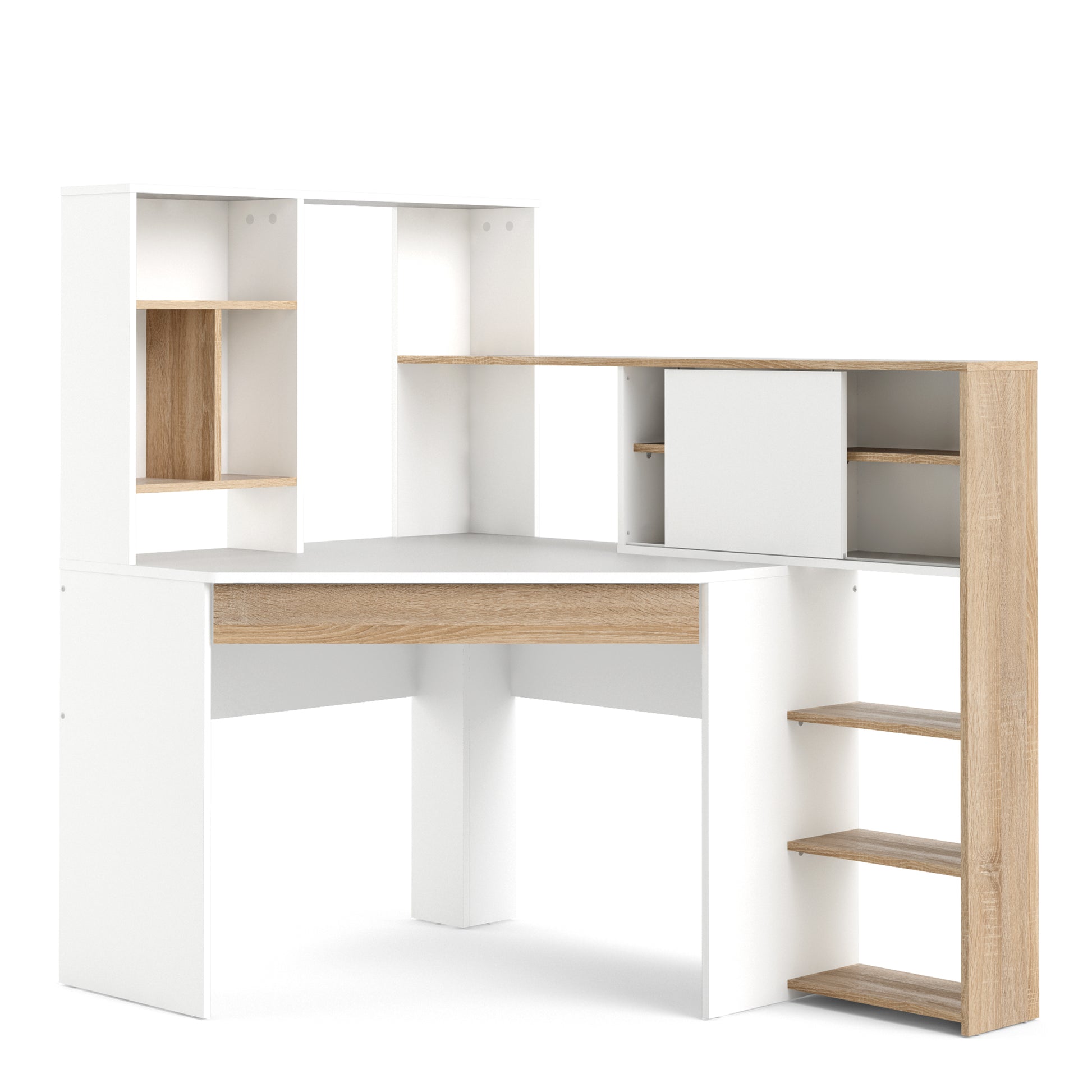 Function Plus  Corner Desk with multi-functional unit In White and Oak