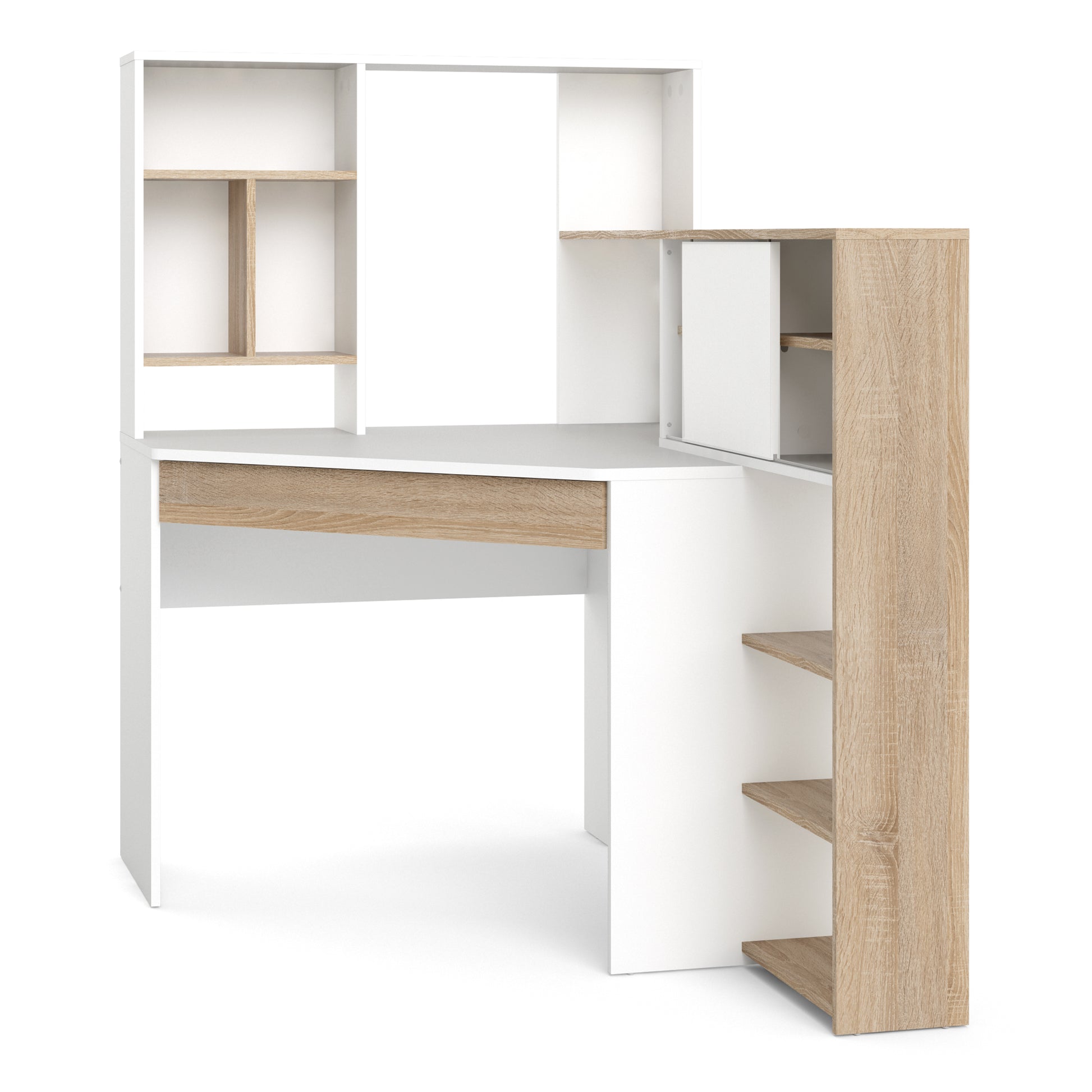 Function Plus  Corner Desk with multi-functional unit In White and Oak