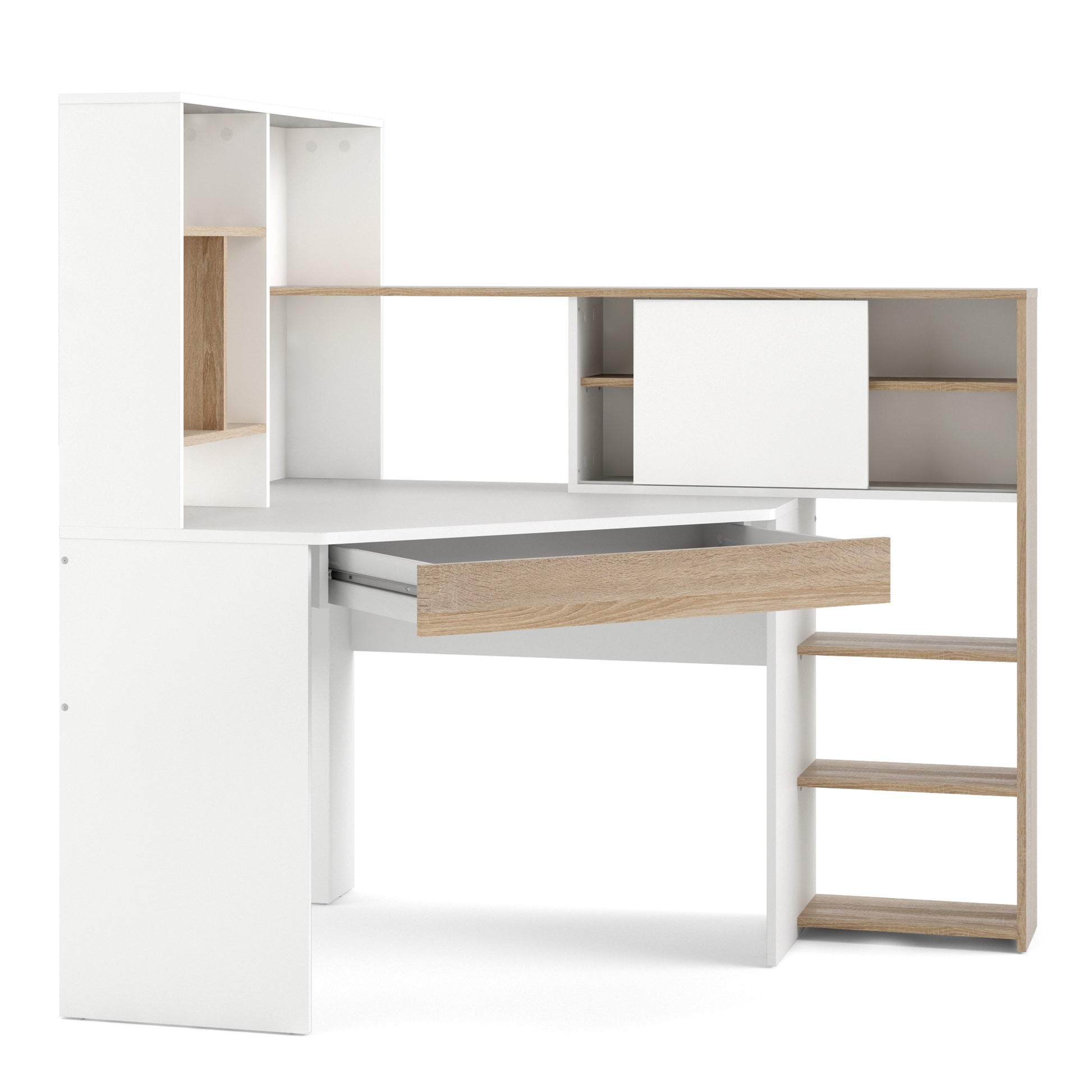 Function Plus  Corner Desk with multi-functional unit In White and Oak