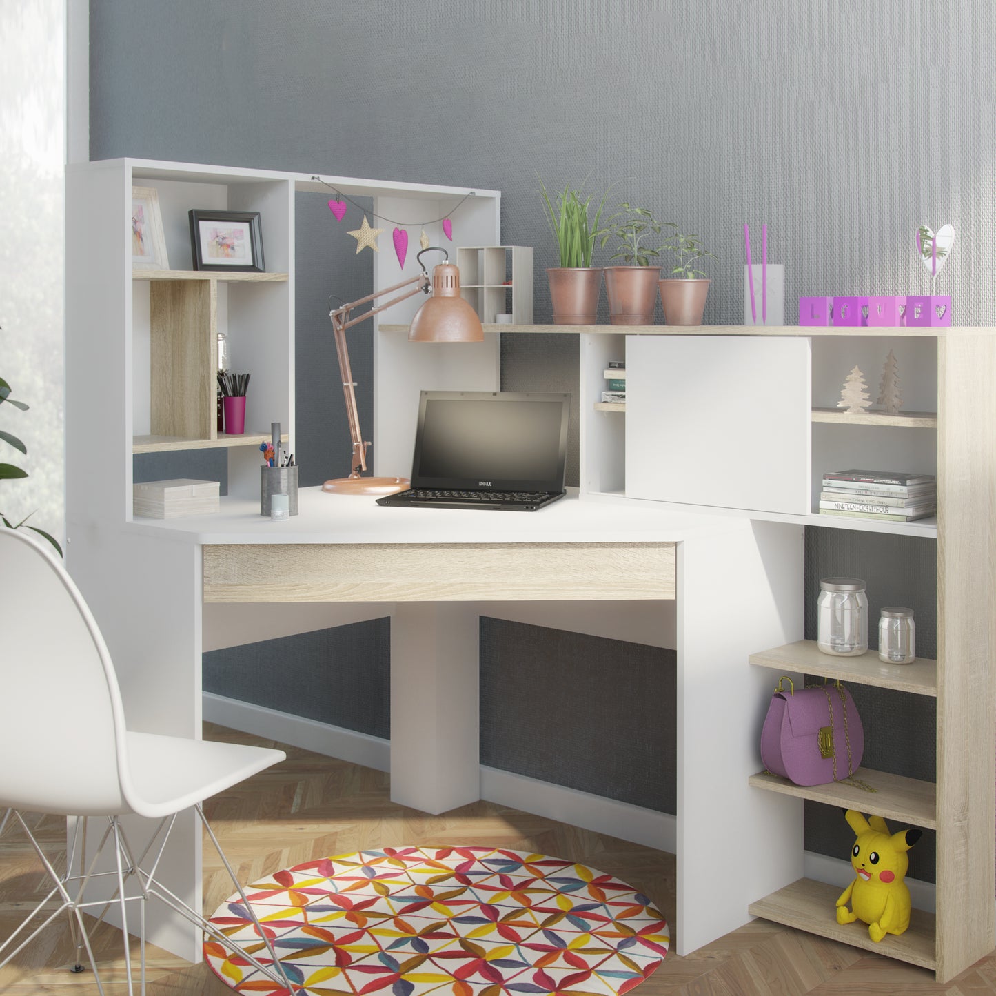 Function Plus  Corner Desk with multi-functional unit In White and Oak