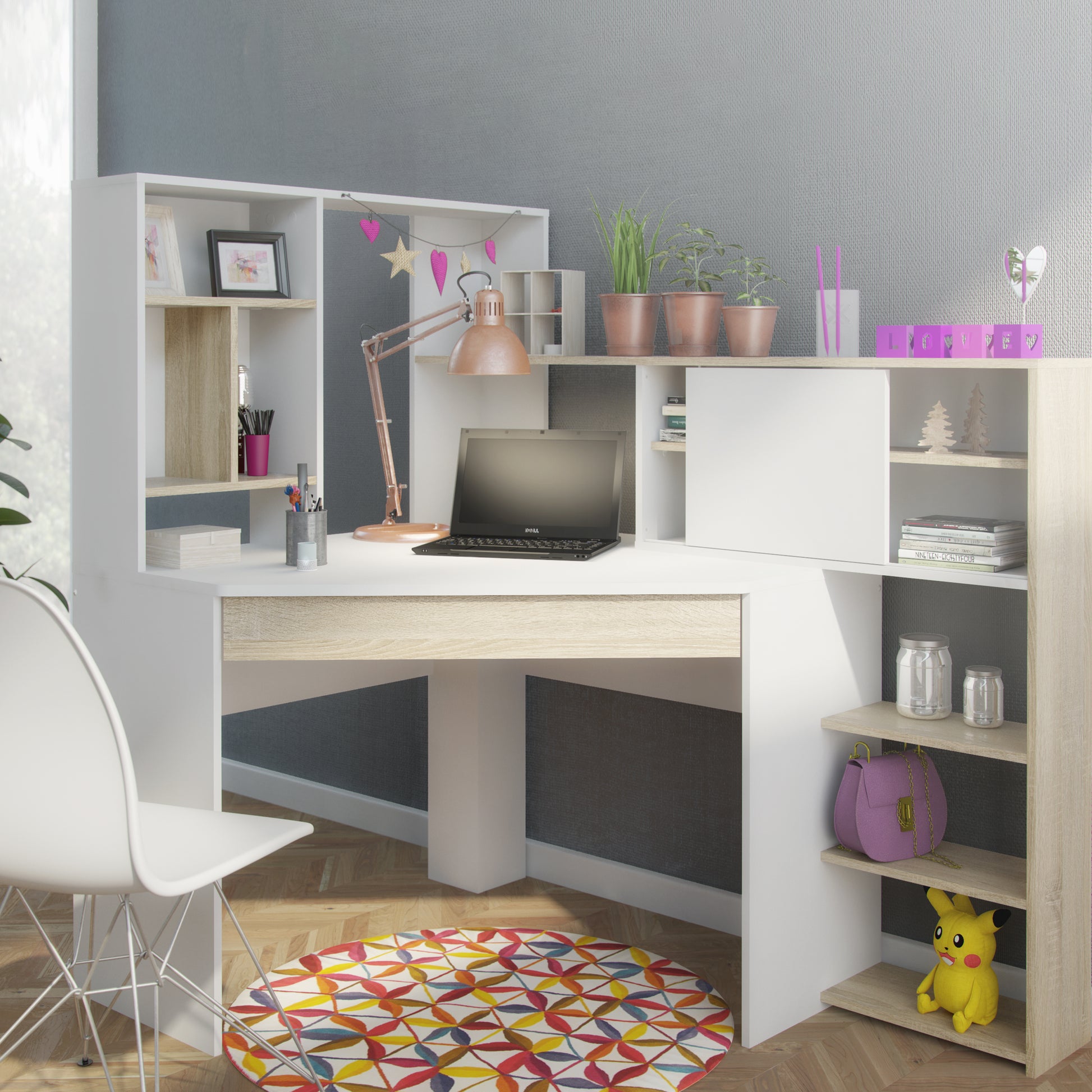 Function Plus  Corner Desk with multi-functional unit In White and Oak