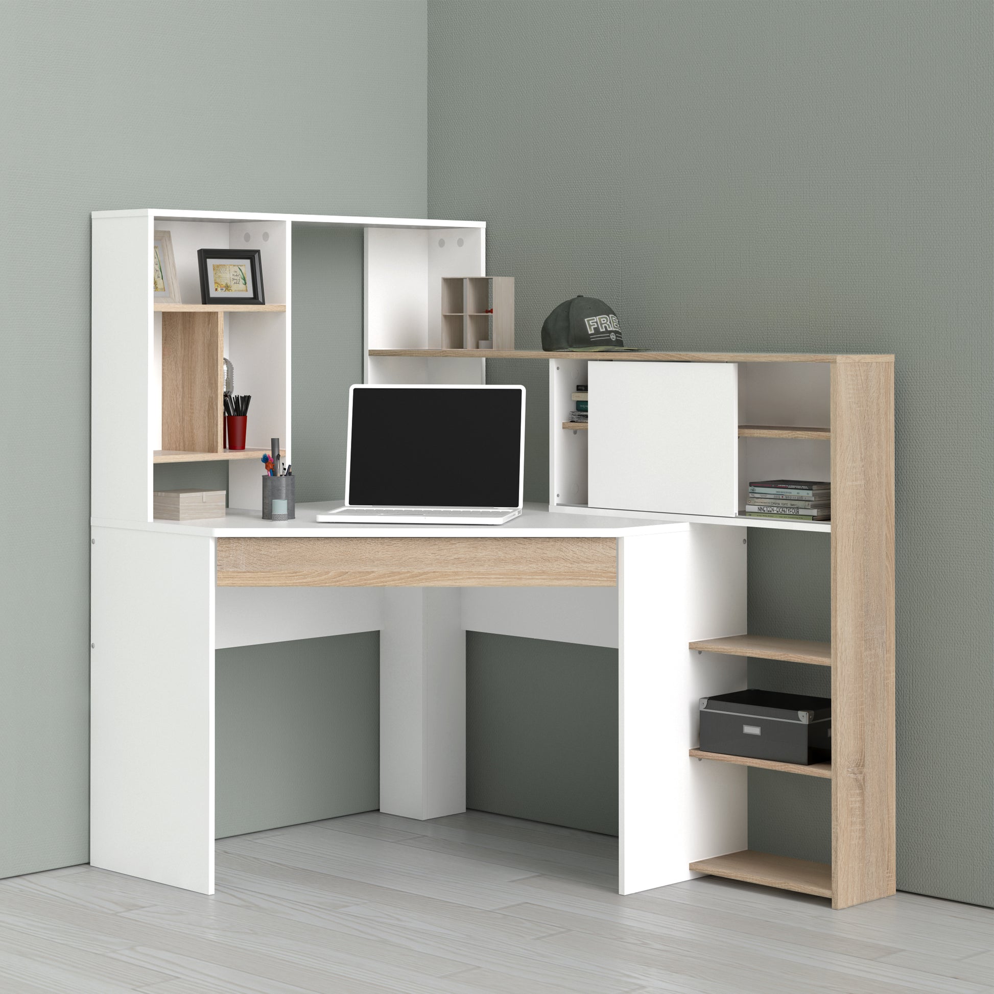 Function Plus  Corner Desk with multi-functional unit In White and Oak
