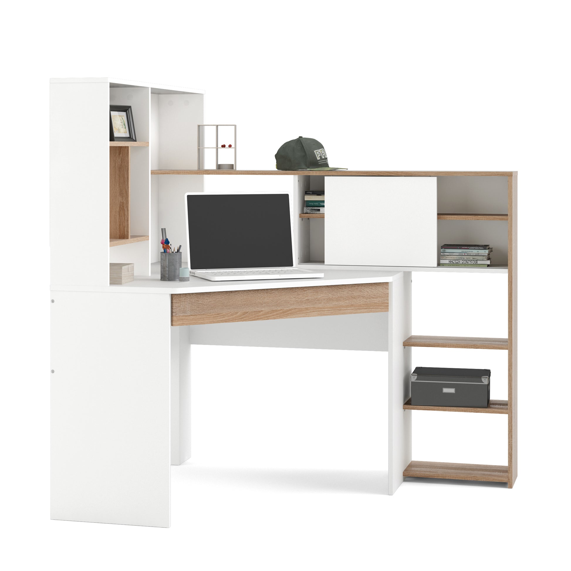 Function Plus  Corner Desk with multi-functional unit In White and Oak