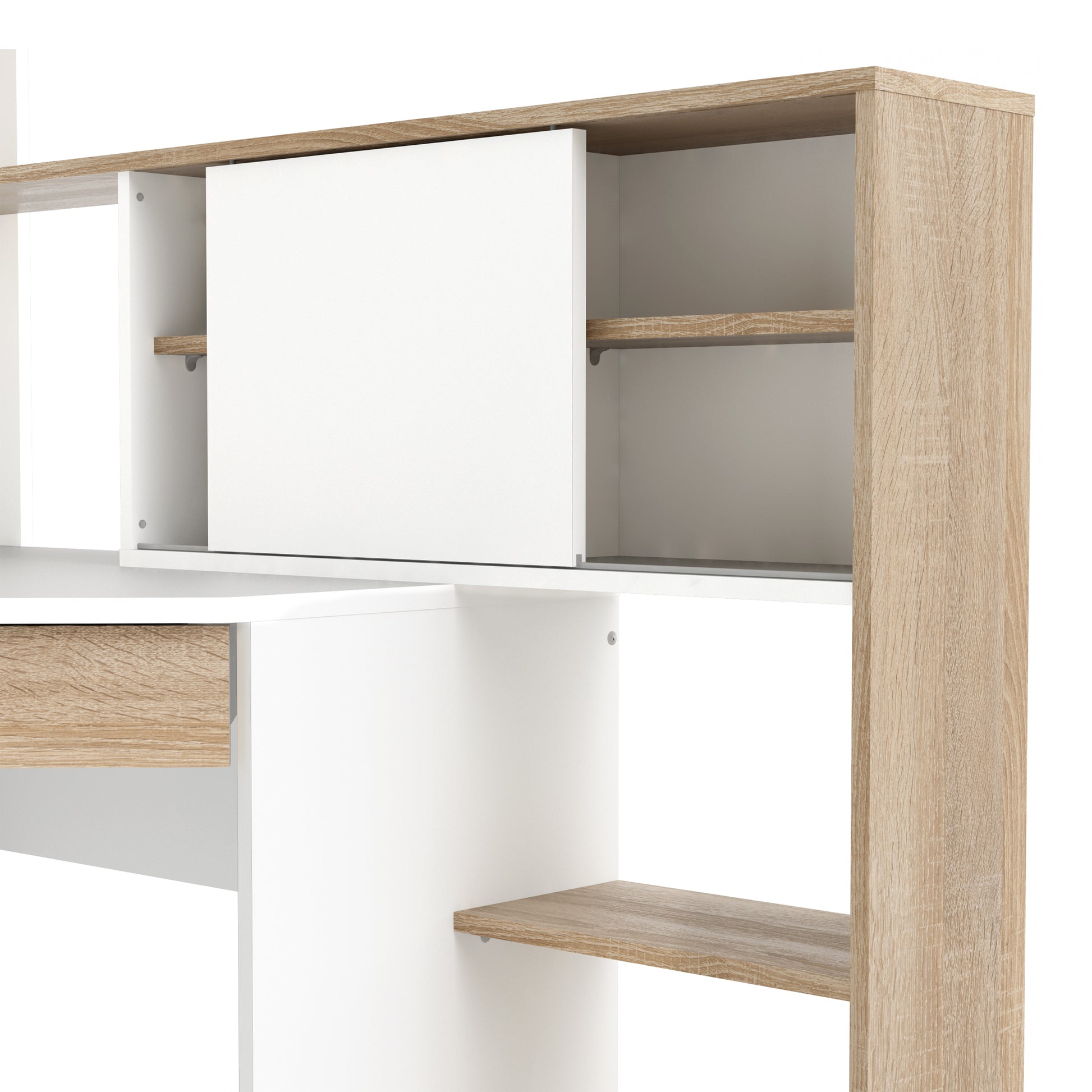 Function Plus  Corner Desk with multi-functional unit In White and Oak