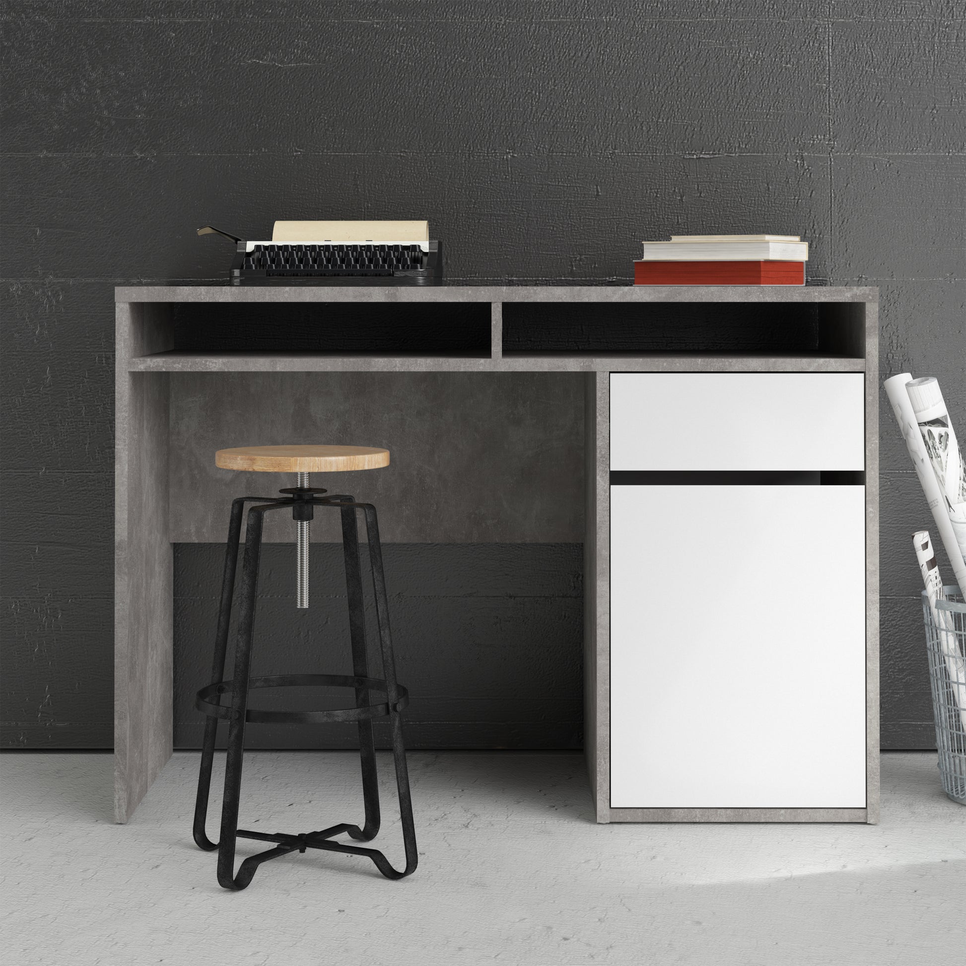 Function Plus  Desk 1 Door 1 Drawer in White and Grey