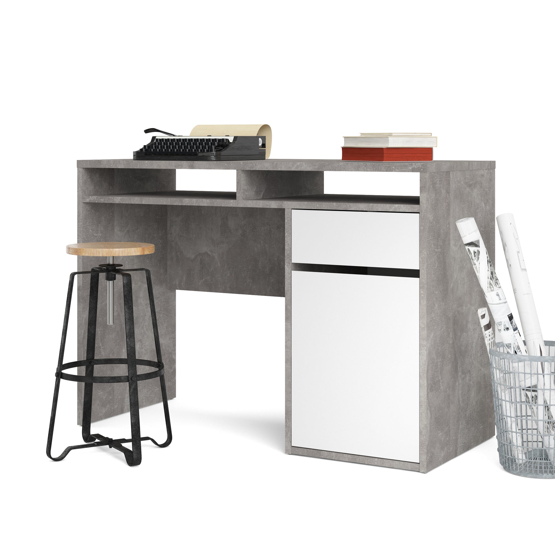 Function Plus  Desk 1 Door 1 Drawer in White and Grey