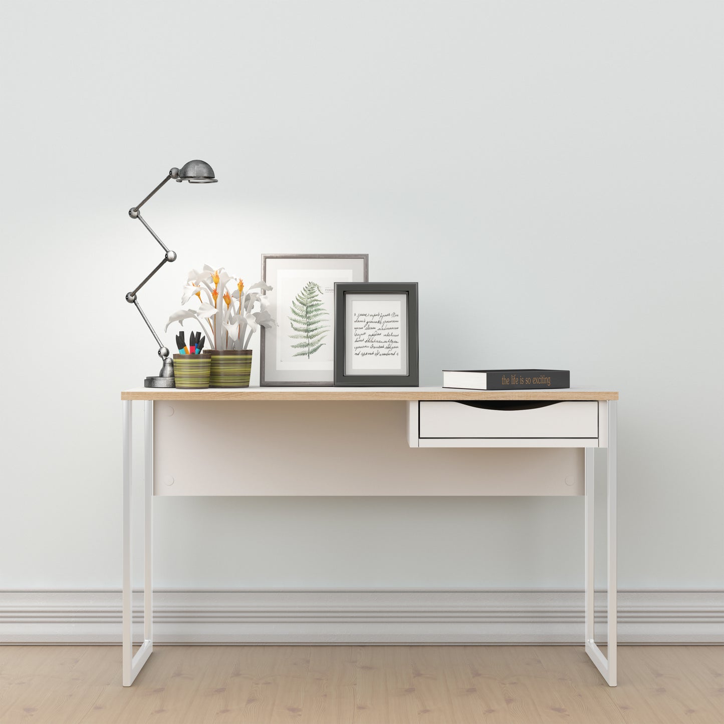Function Plus  Desk 1 Drawer Wide in White with Oak Trim