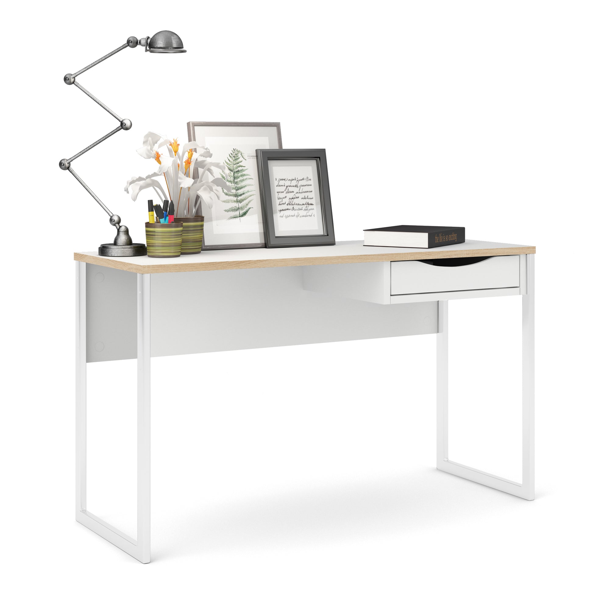 Function Plus  Desk 1 Drawer Wide in White with Oak Trim