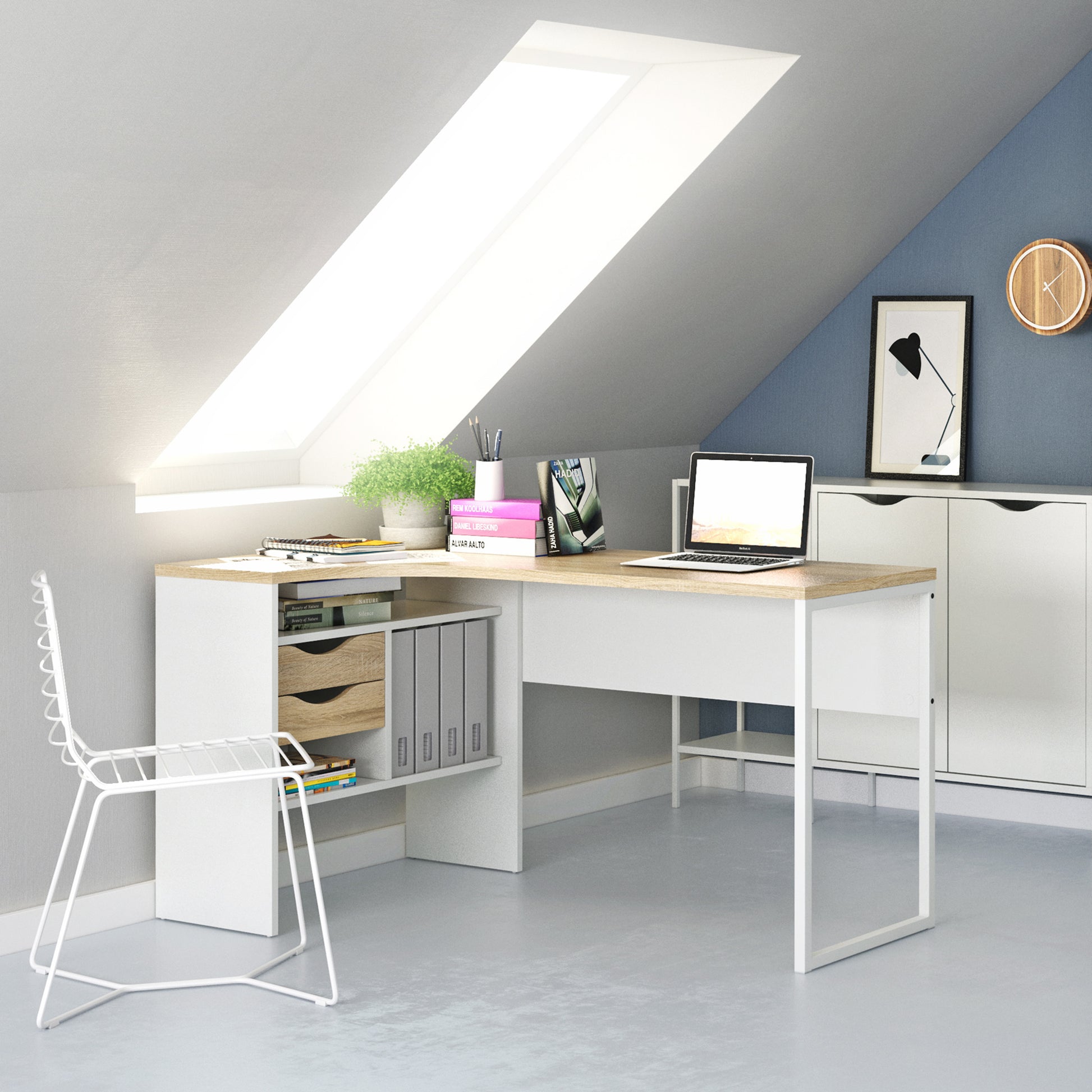 Function Plus  Corner Desk 2 Drawers in White and Oak
