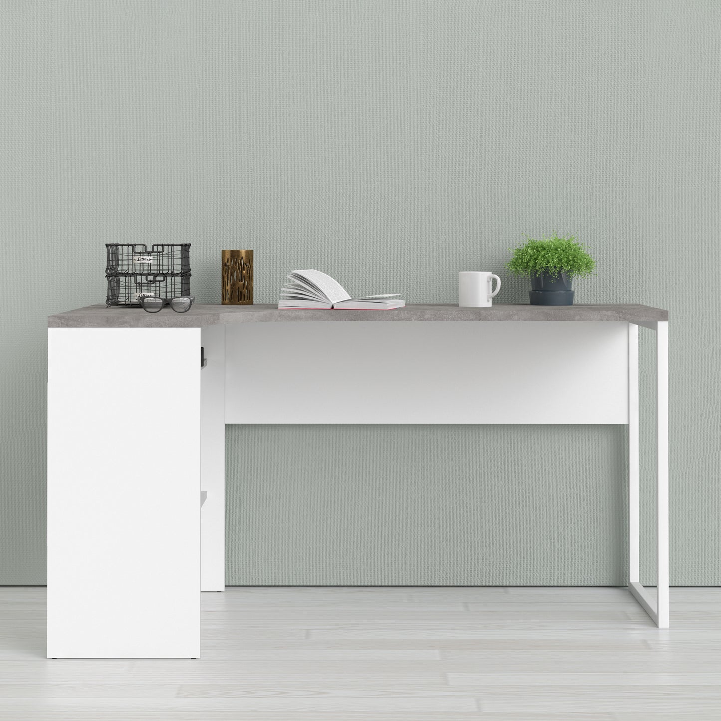 Function Plus  Corner Desk 2 Drawers in White and Grey