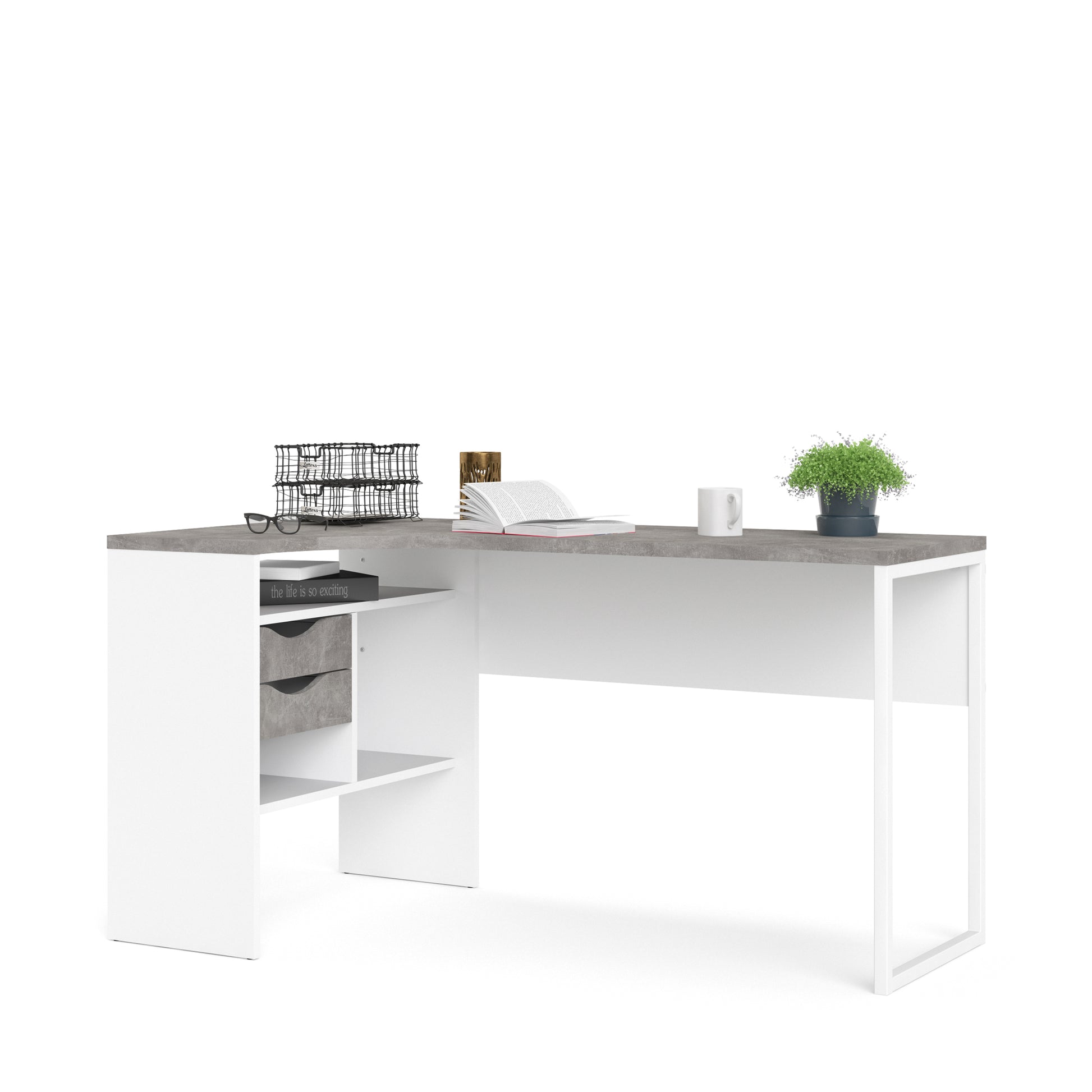 Function Plus  Corner Desk 2 Drawers in White and Grey