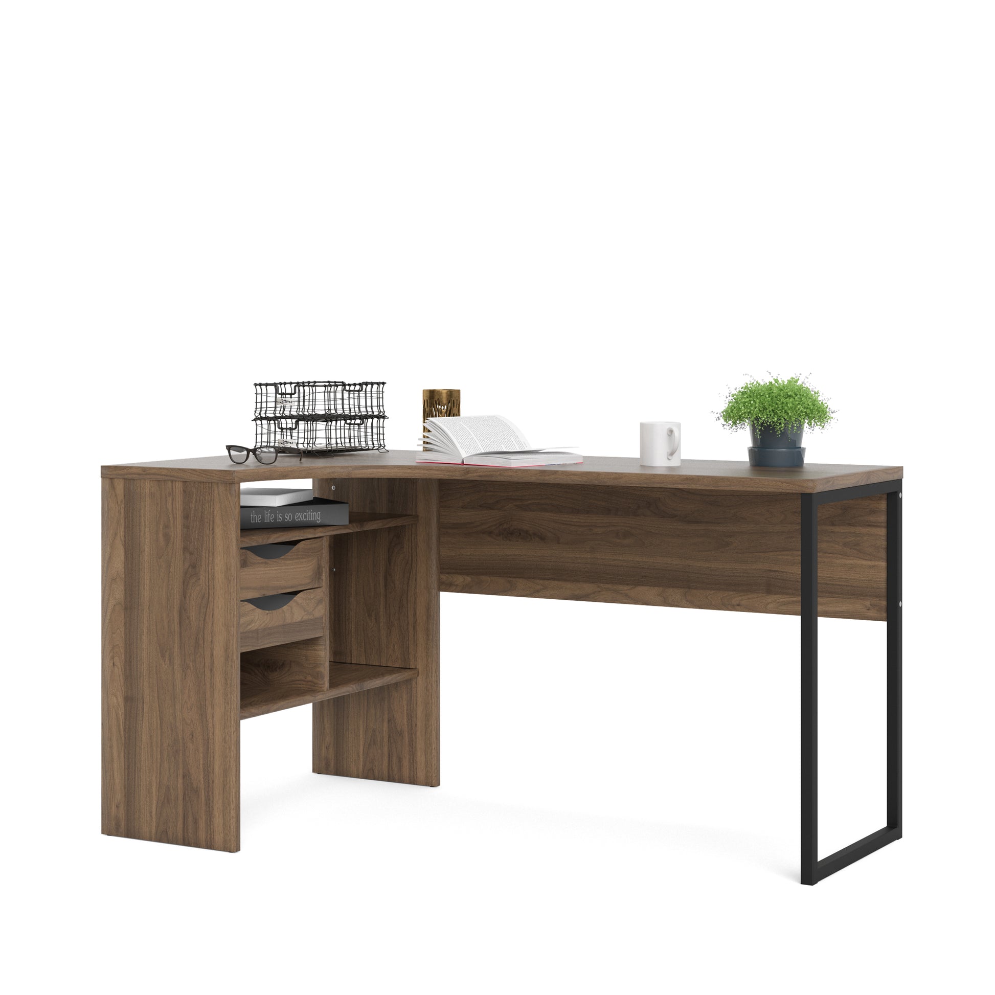 Function Plus  Corner Desk 2 Drawers in Walnut