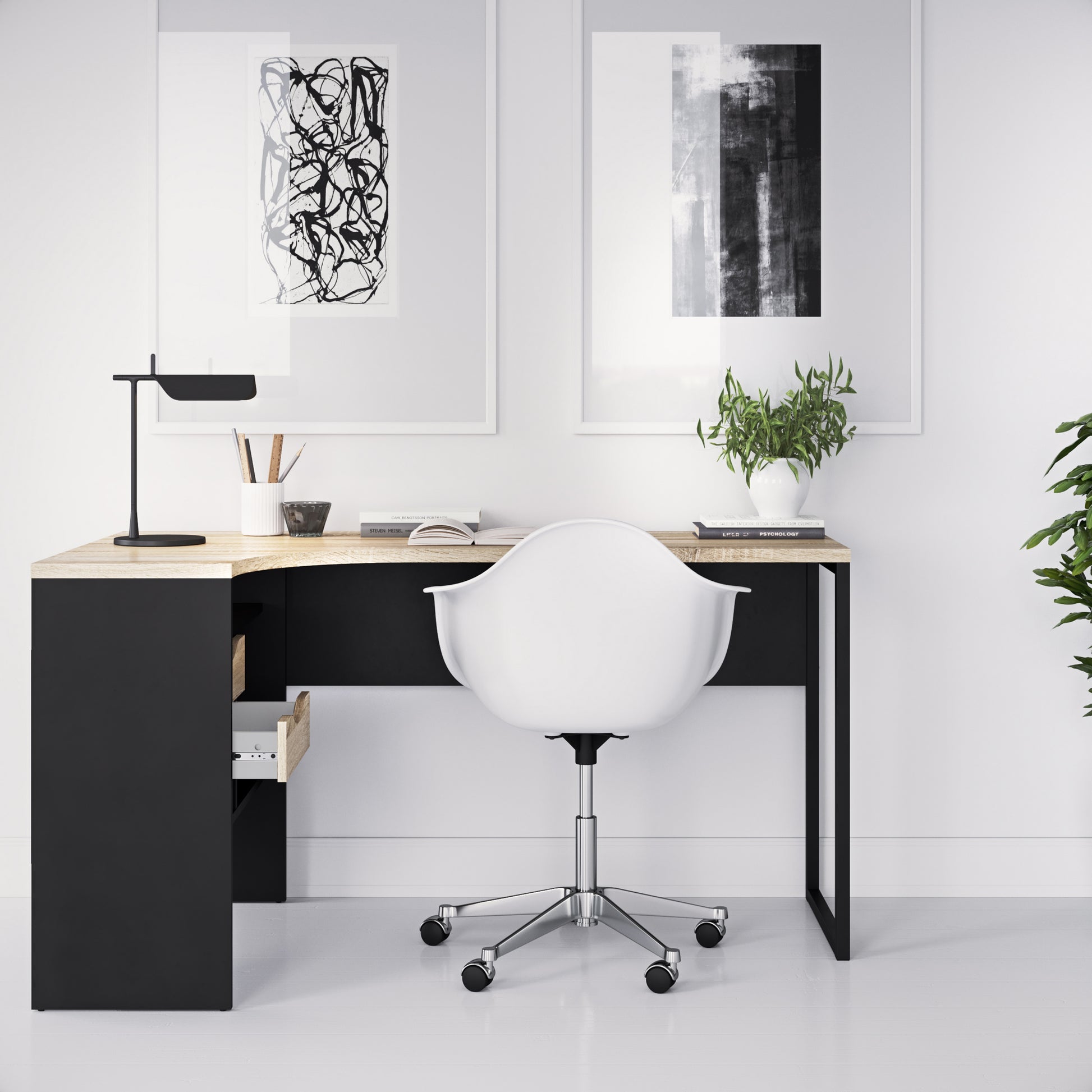 Function Plus  Corner Desk 2 Drawers in Black Matt and Oak
