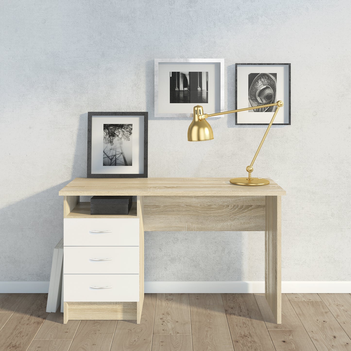 Function Plus  Oak Desk 3 White Drawers