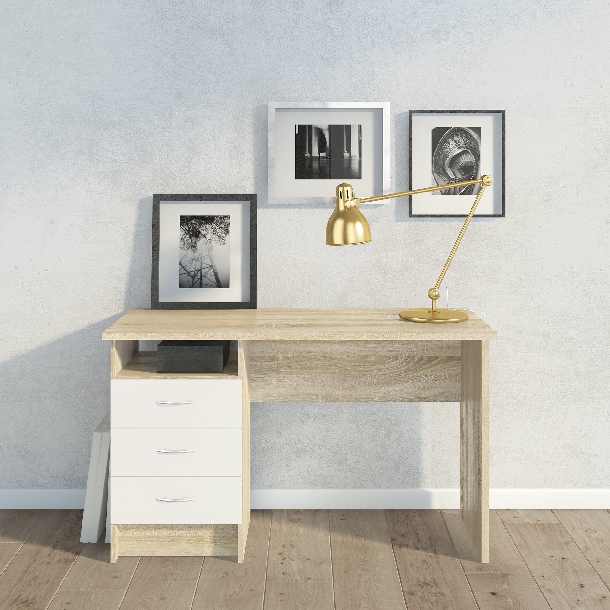 Function Plus  Oak Desk 3 White Drawers